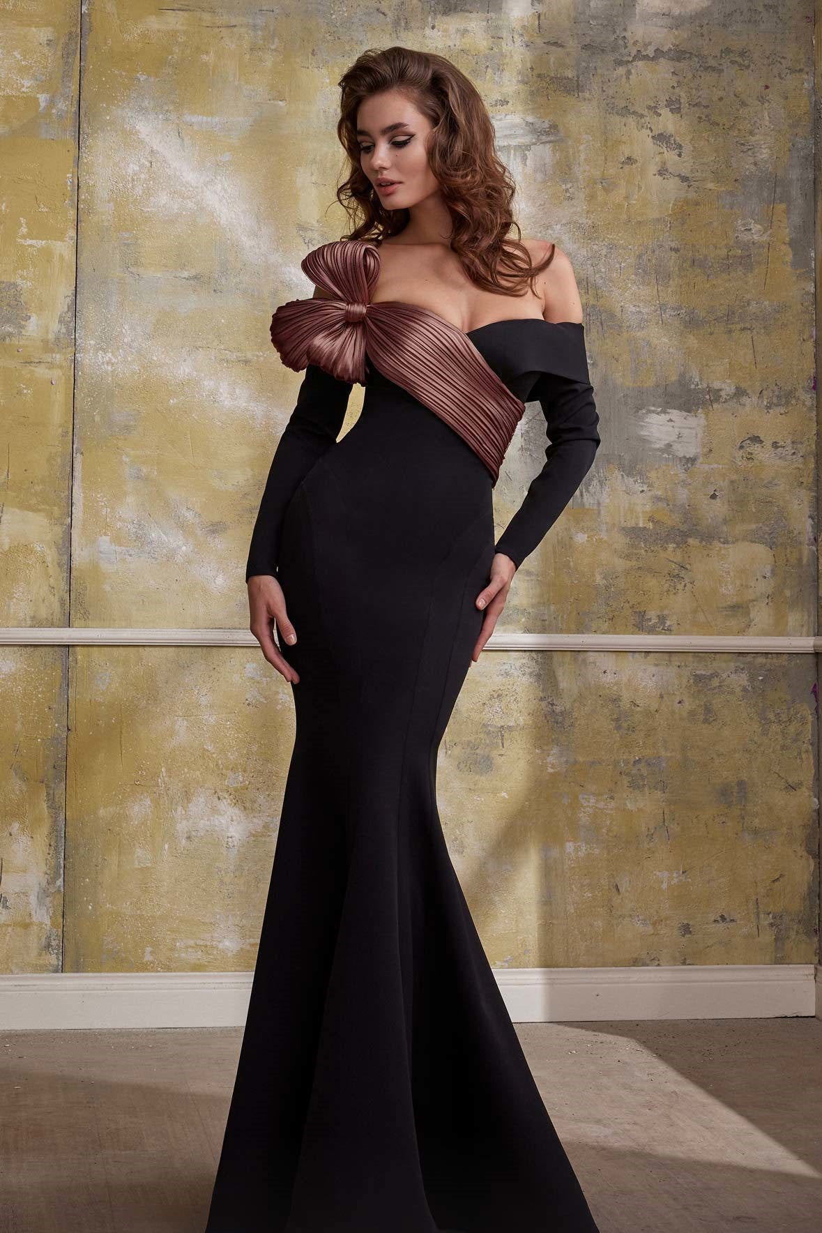 Off the Shoulder Long Sleeved Flared Gown