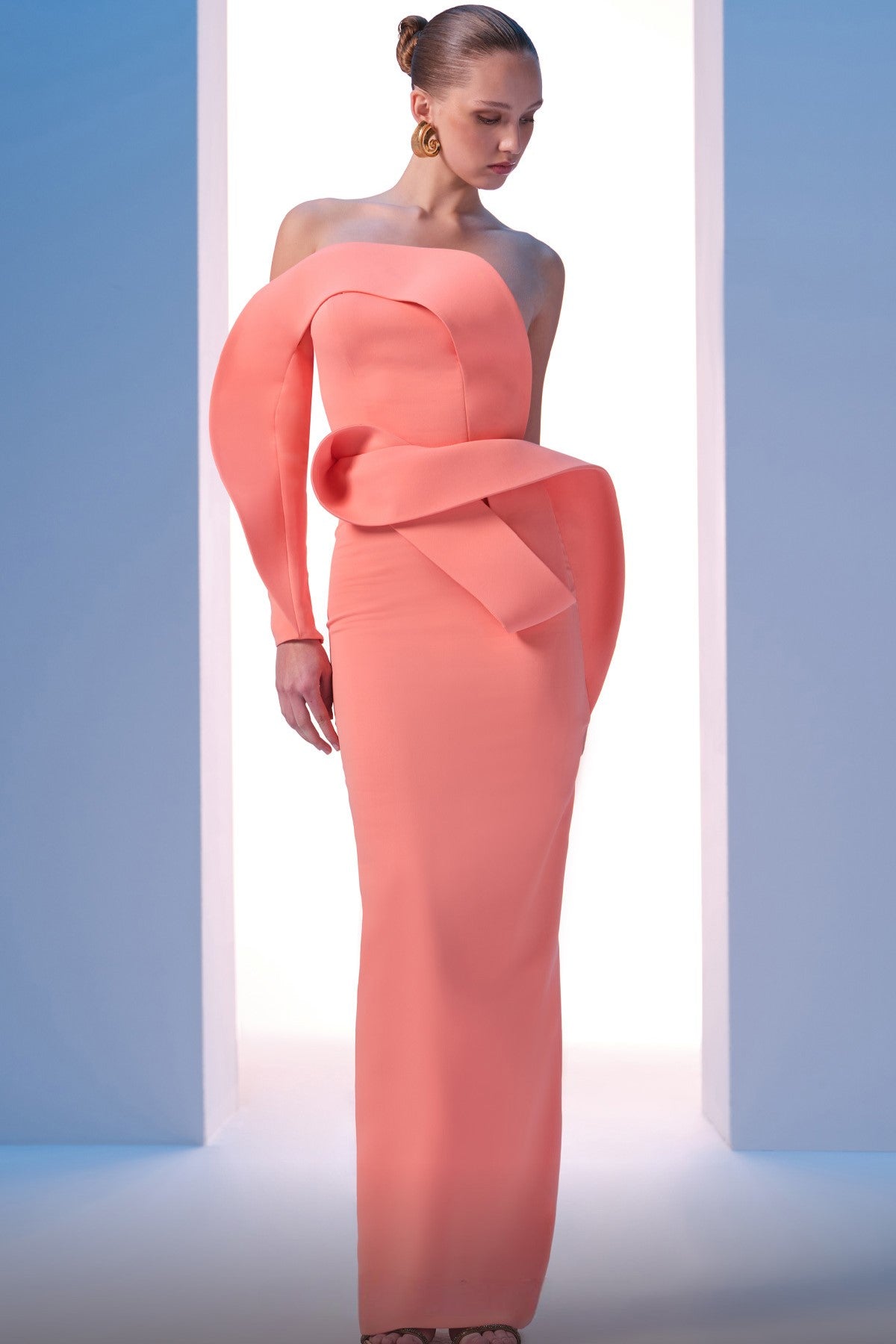 One Sleeve Structured Column Gown