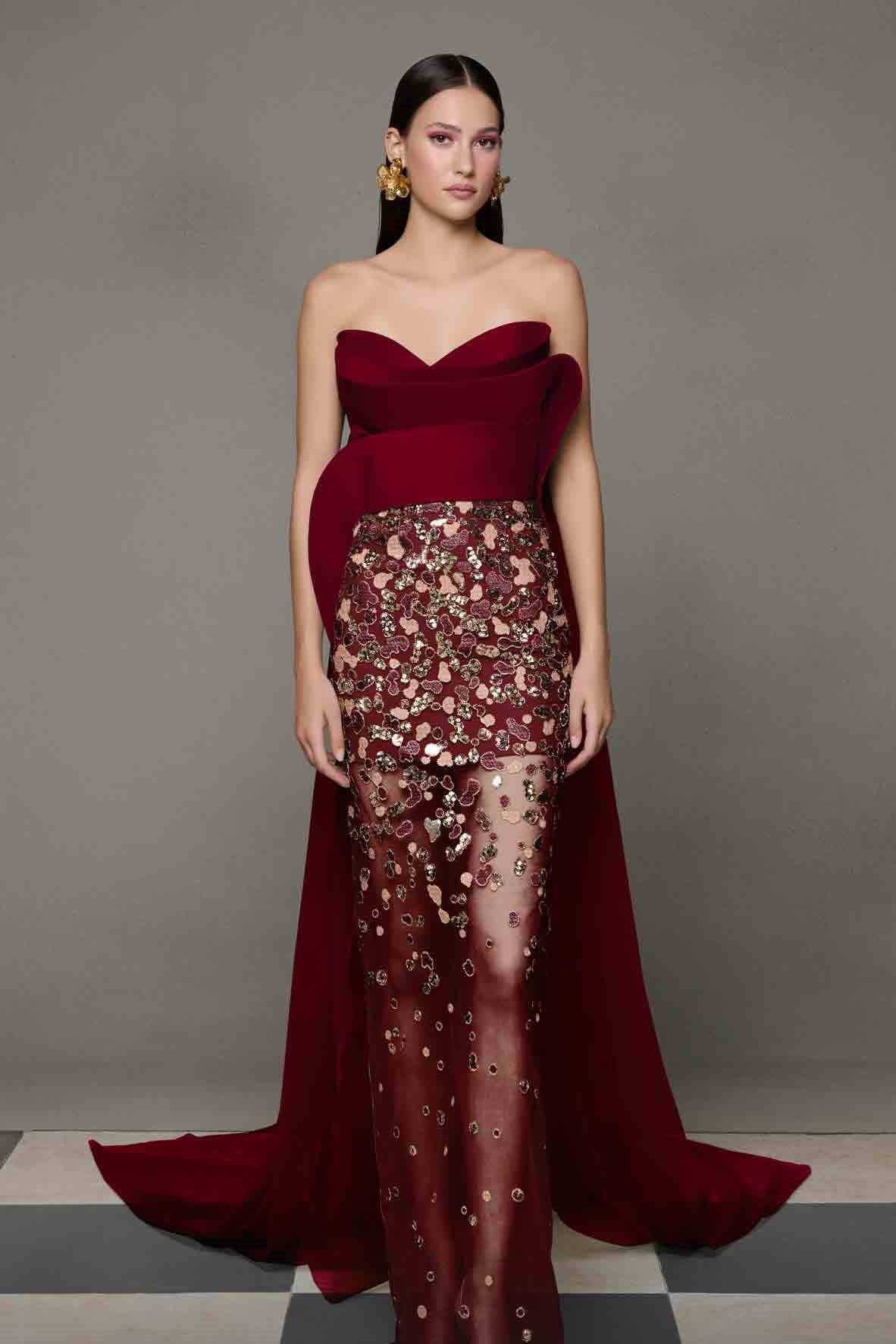 Sculpted Strapless Sheer Embellished Gown