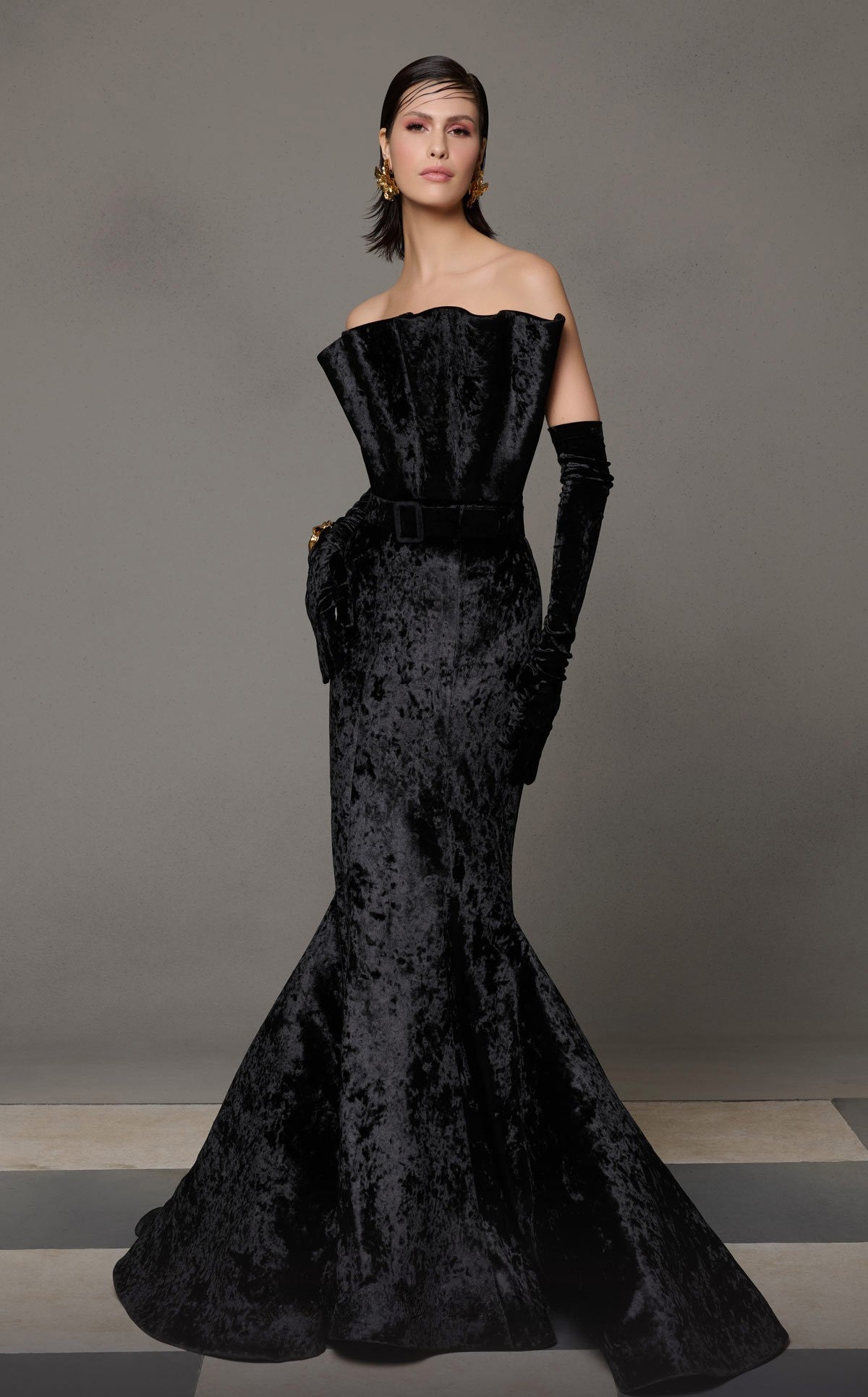 Flared Strapless Gown with Train