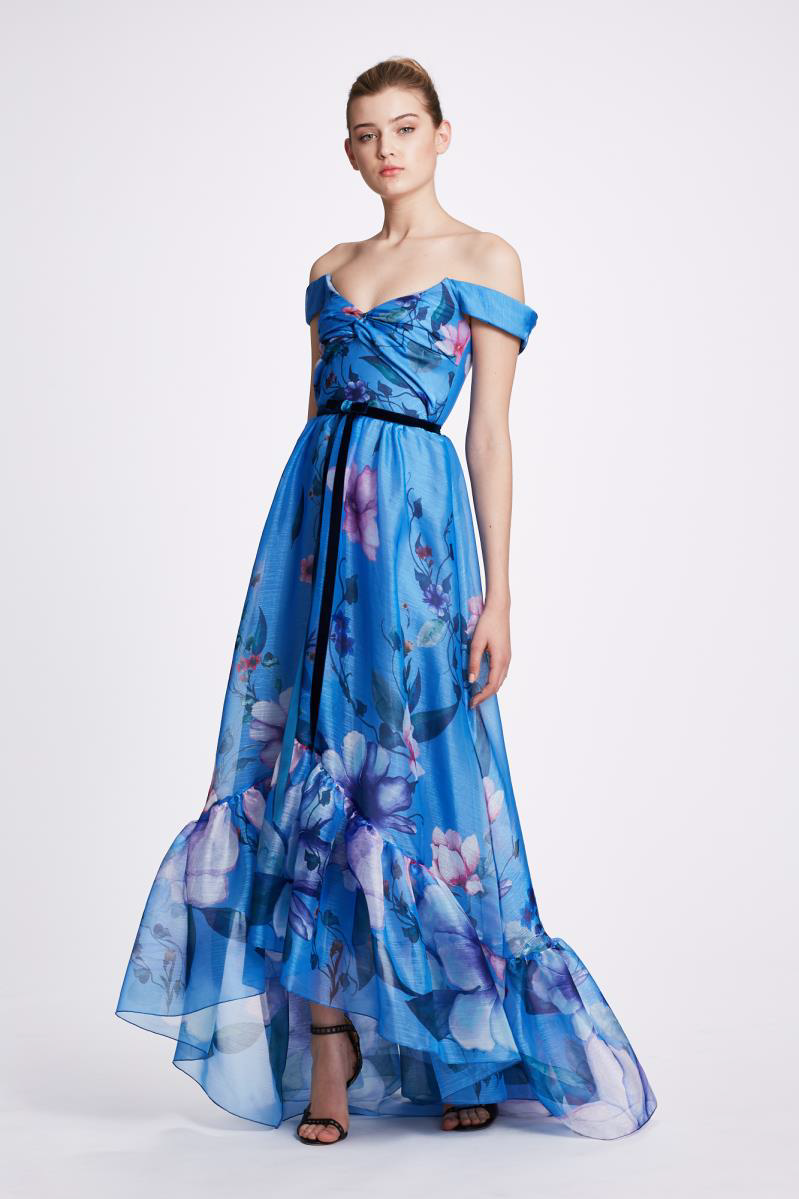 Off Shoulder Printed Organza Hi-Lo Gown