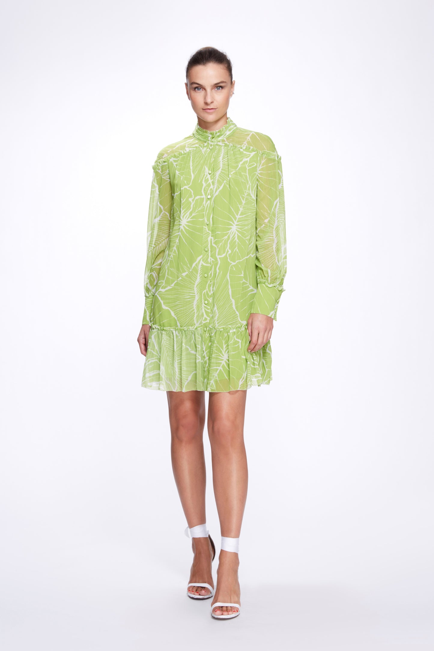 Long Cuffed Sleeve Crinkle Chiffon Mini Dress