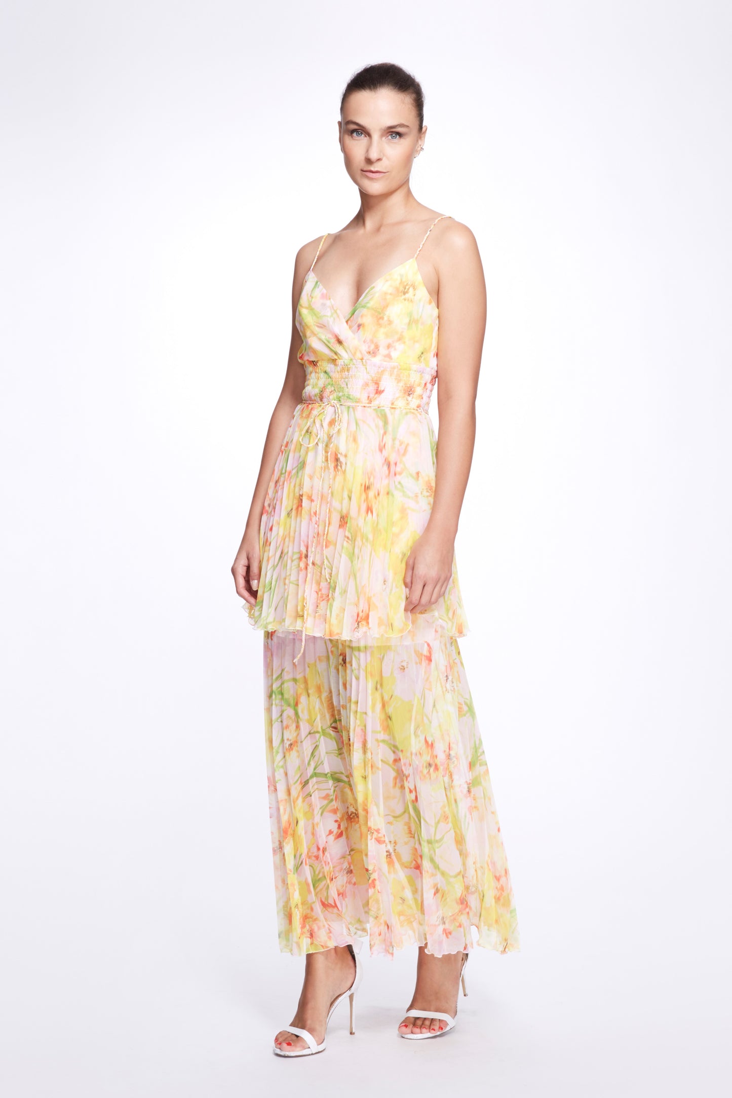 Sleeveless Pleated Crinkle Chiffon Tiered Dress