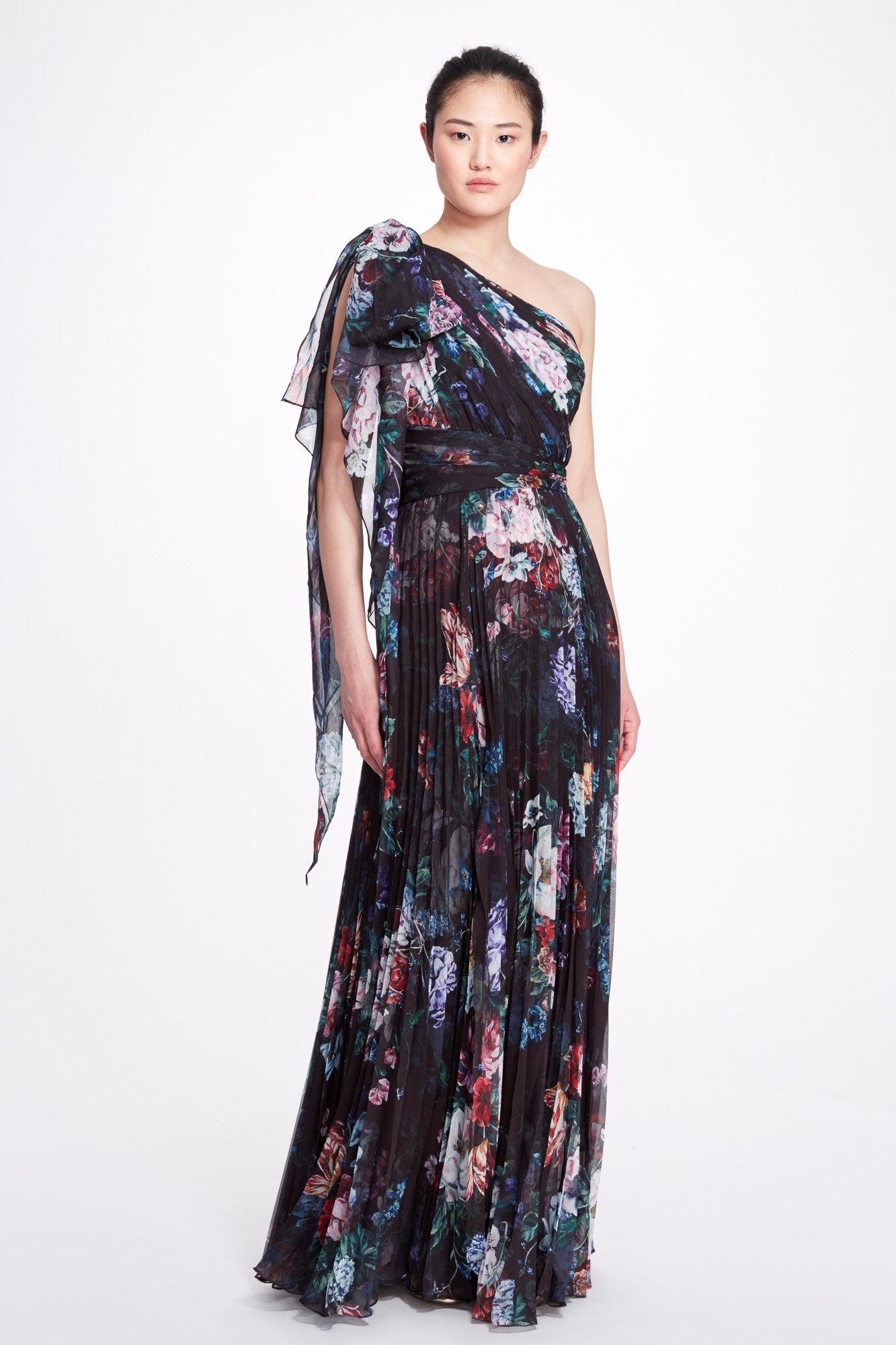 One Shoulder Printed Chiffon Gown