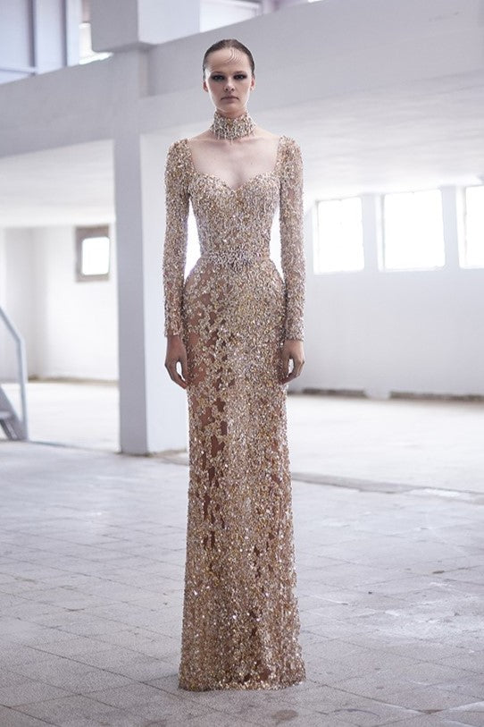 Long Sleeve Sequin Jewel Gown