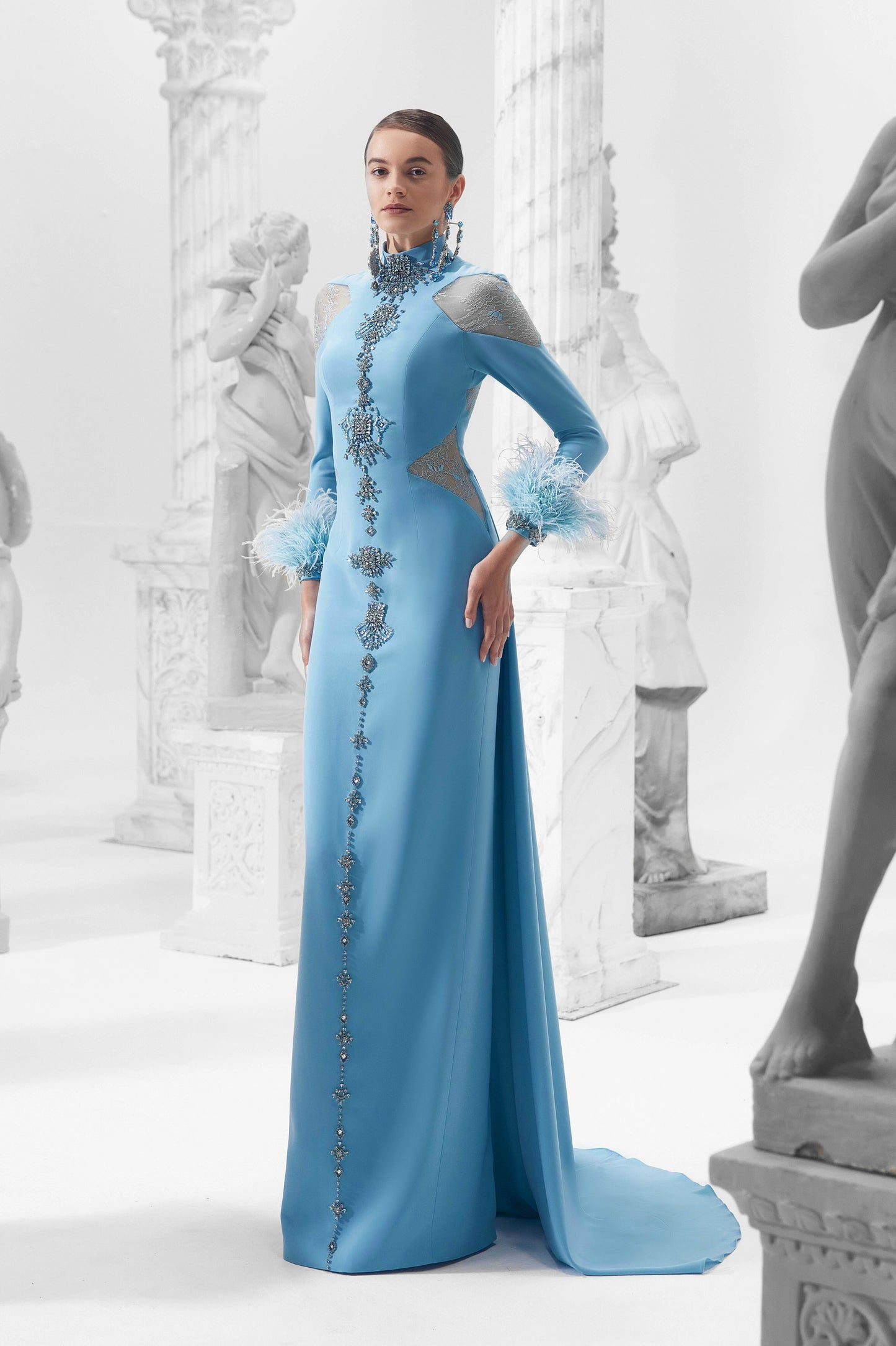 Long Sleeve Gown with Feathered Cuffs