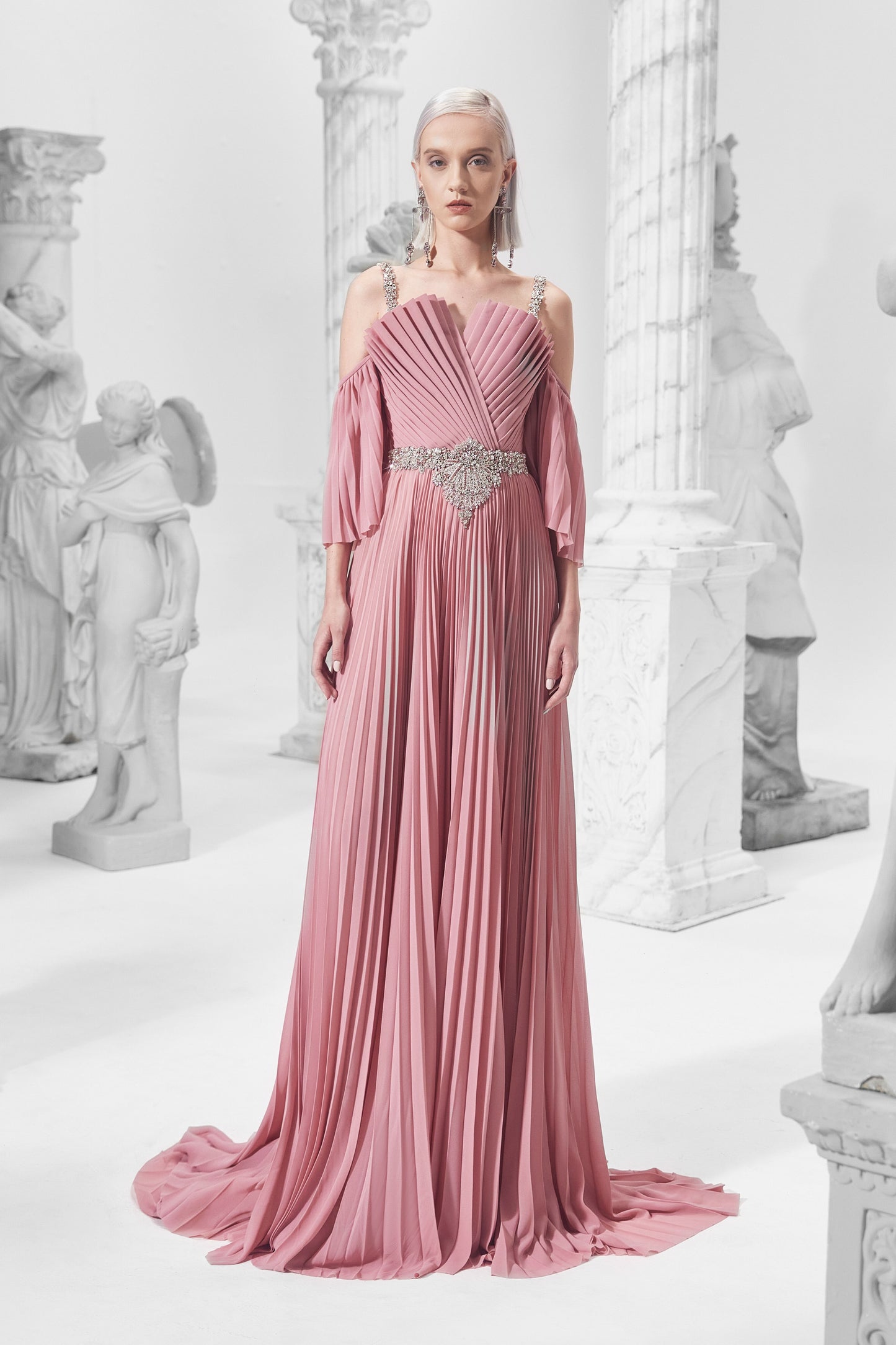 Pleated Cold-Shoulder Gown