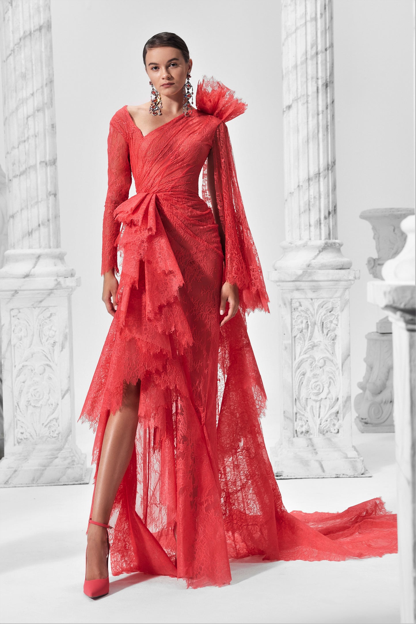 Draped Long Sleeve Slit Gown