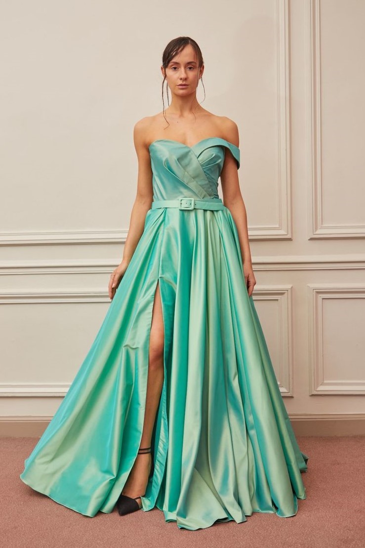 Banded Sleeve Belted Slit Gown