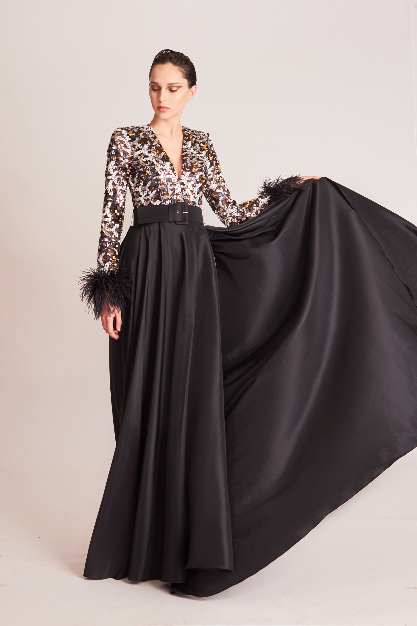 Long Sleeve Embellished A-Line Evening Gown