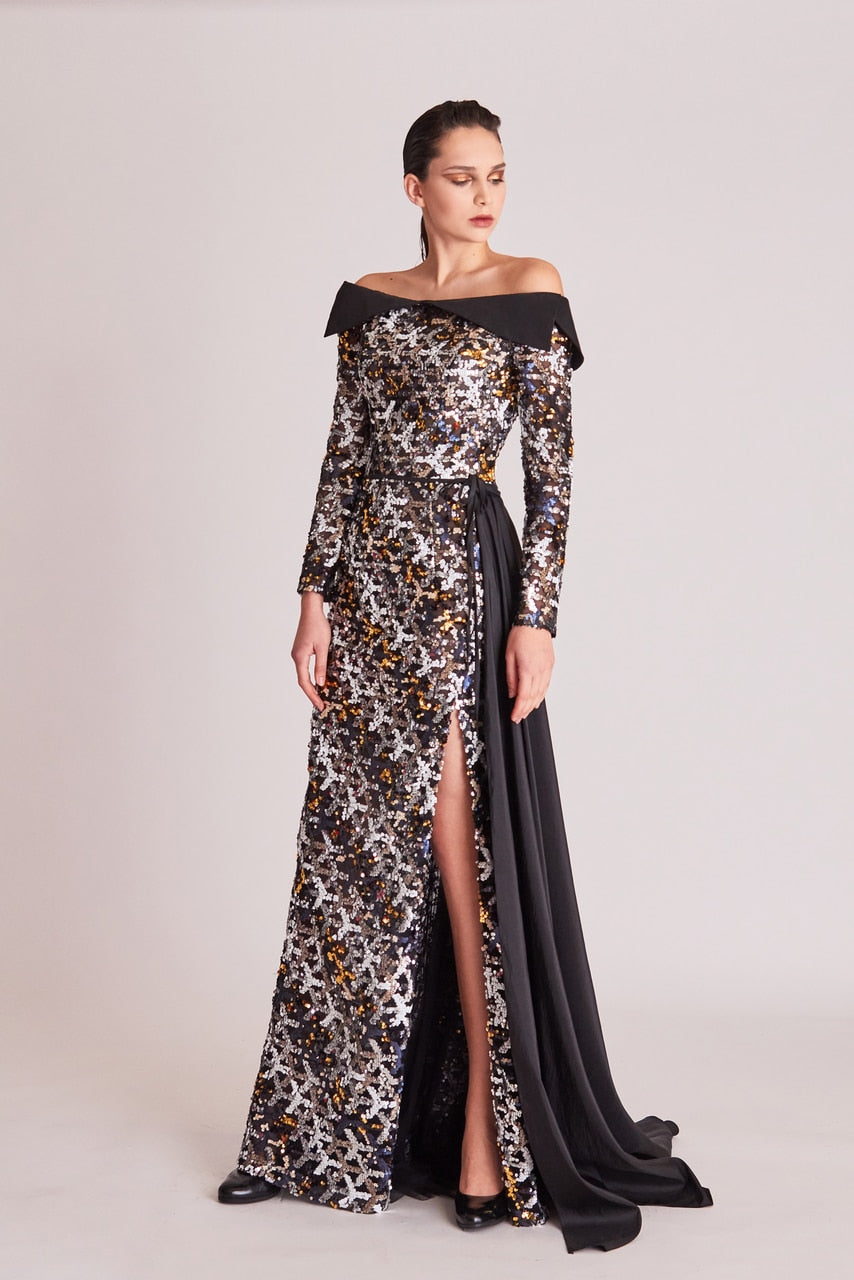 Off Shoulder Embellished Slit Gown