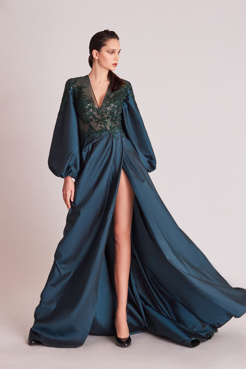 Balloon Sleeve A-Line Slit Gown