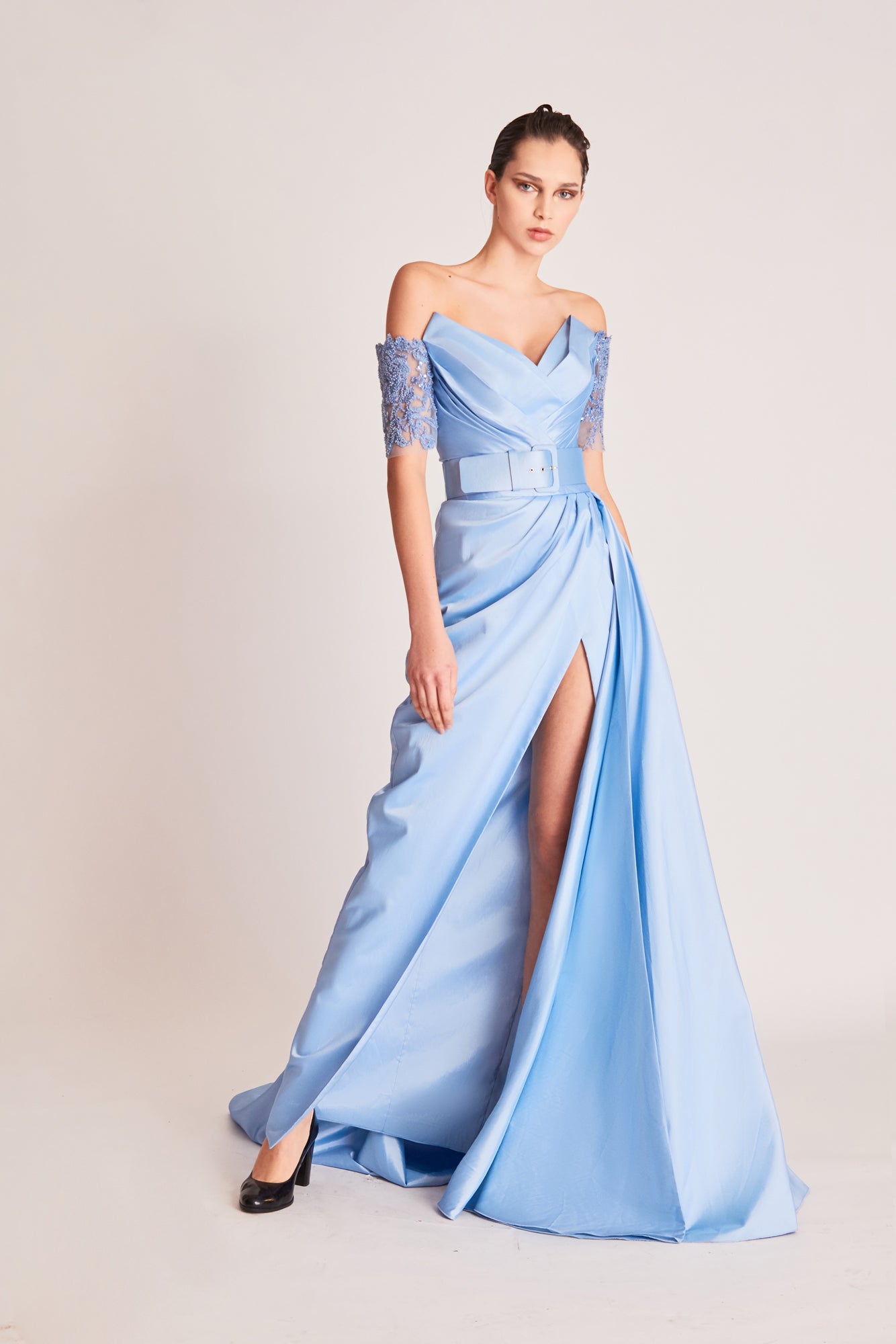 Off Shoulder Banded Sleeve Slit Gown