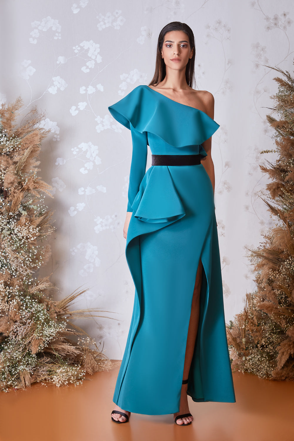 Ruffled One Shoulder Slit Gown