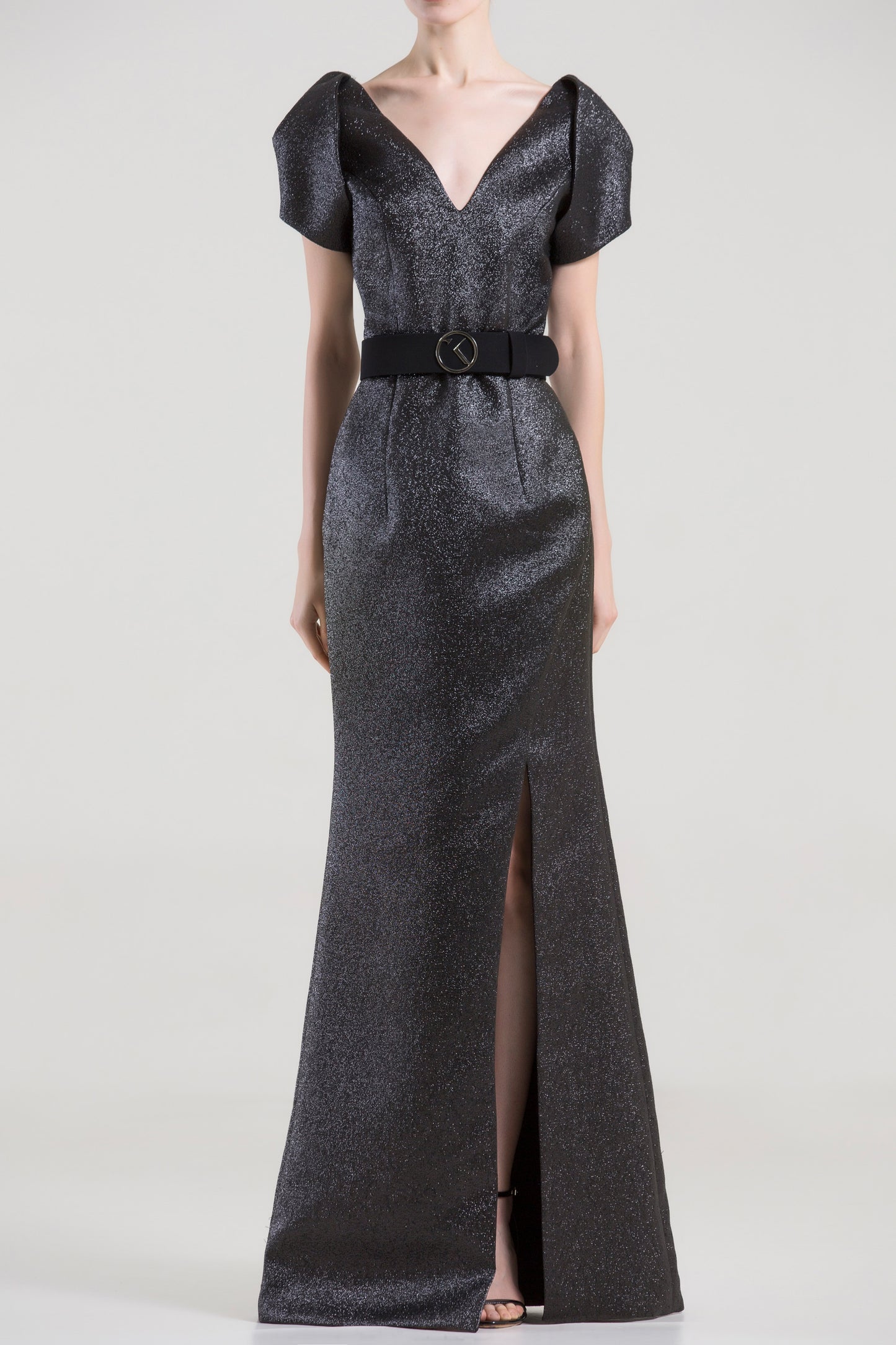 Short Sleeve Belted Slit Gown