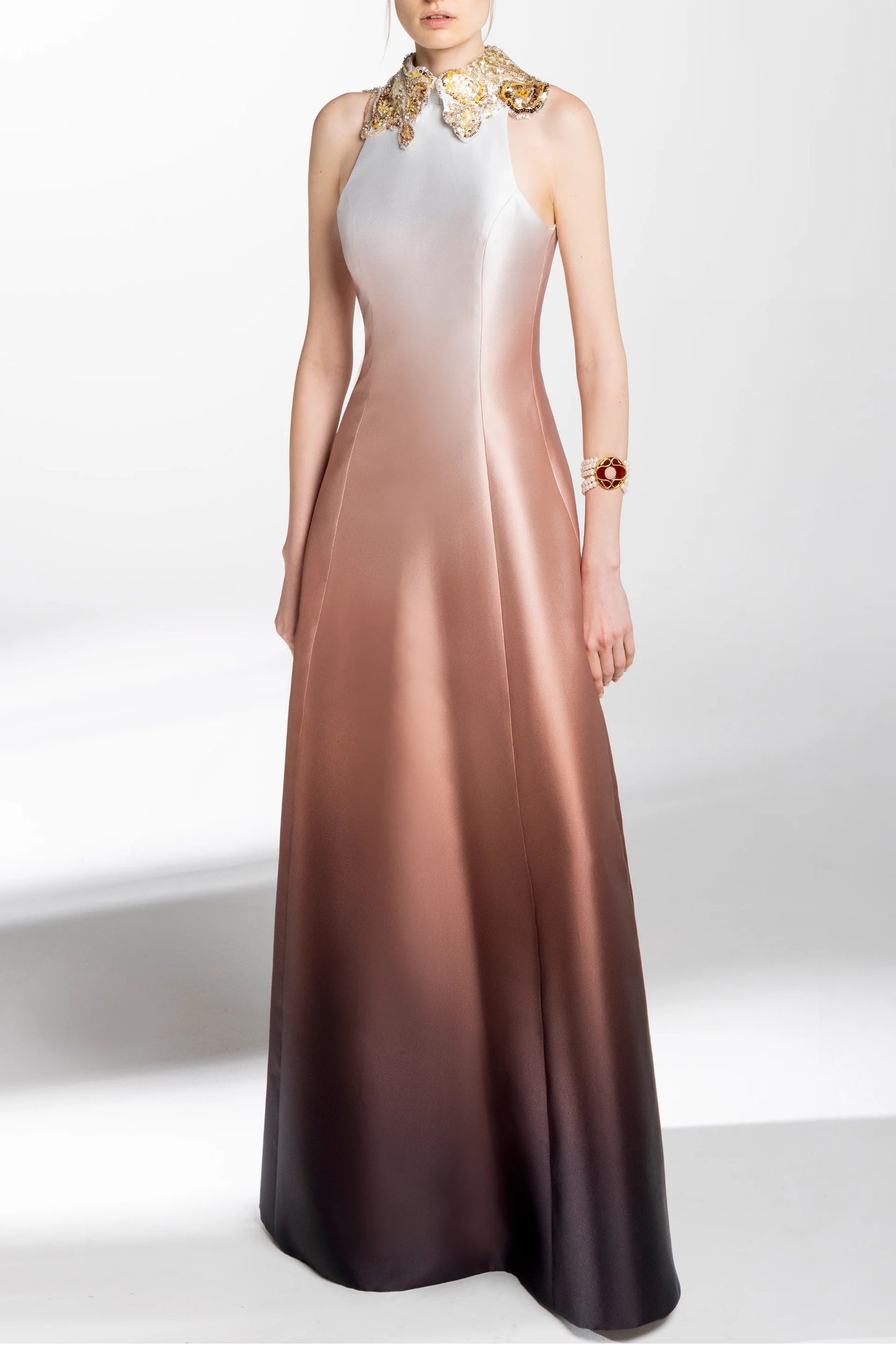 Mikado Gradient Printed Gown with Beaded Collar