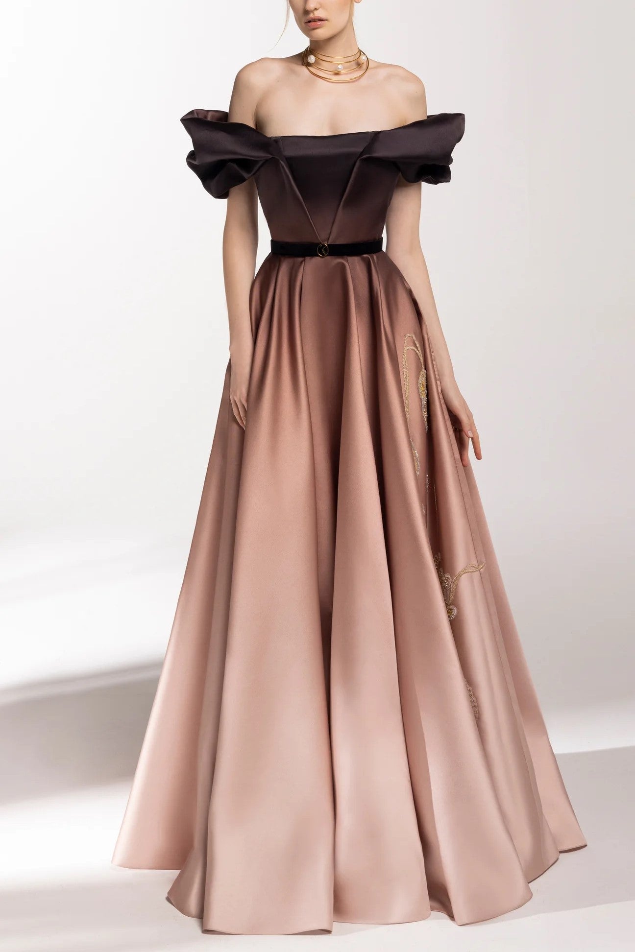 Off Shoulder Gradient Printed Gown with Beading