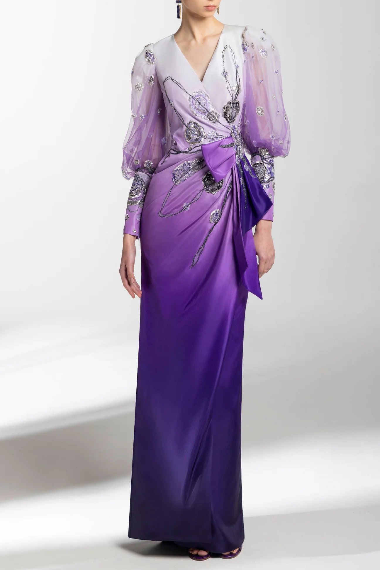 Taffeta Gradient Printed Gown with Beading