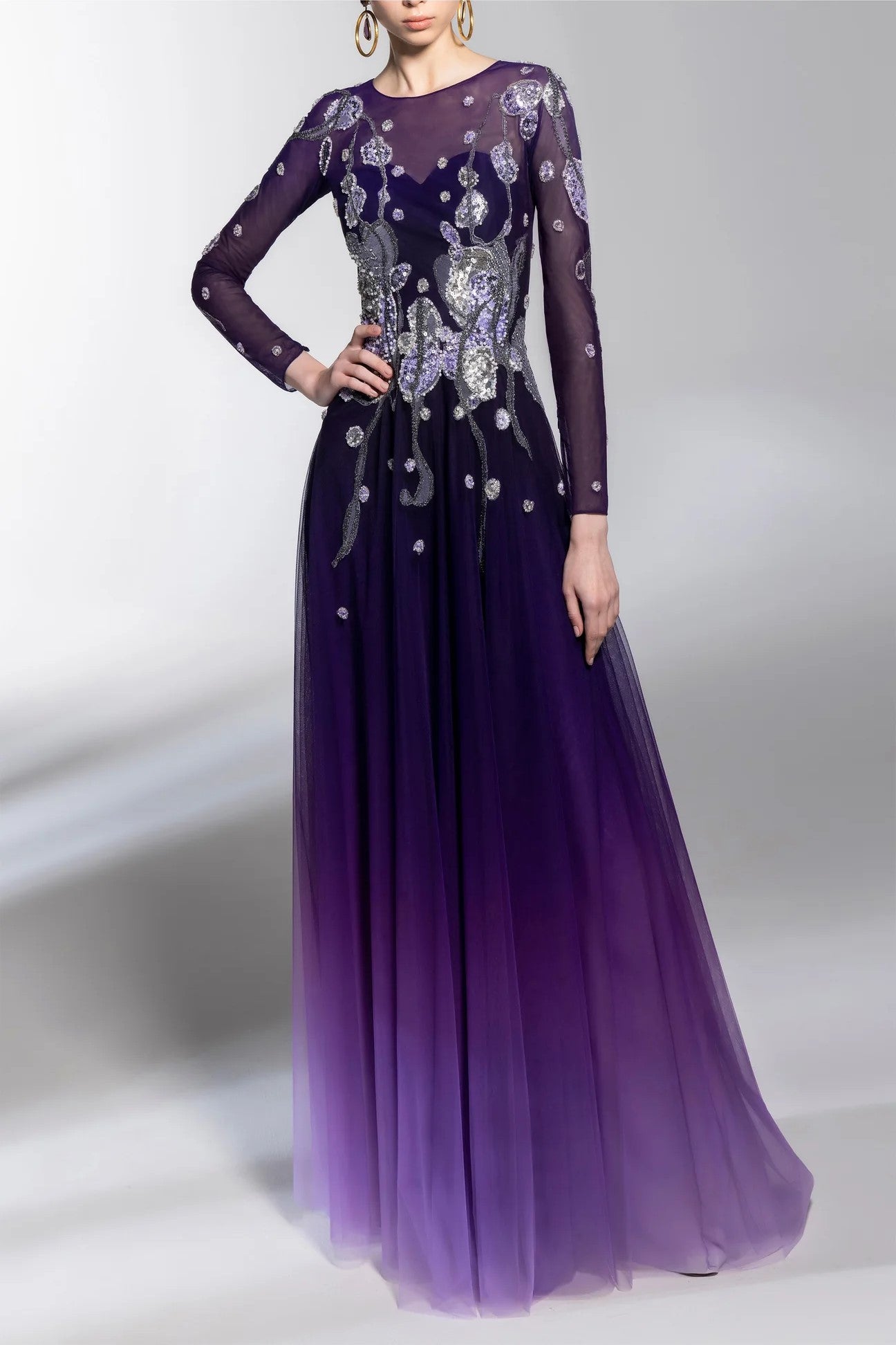 Long Sleeved Gradient Print Gown with Beading