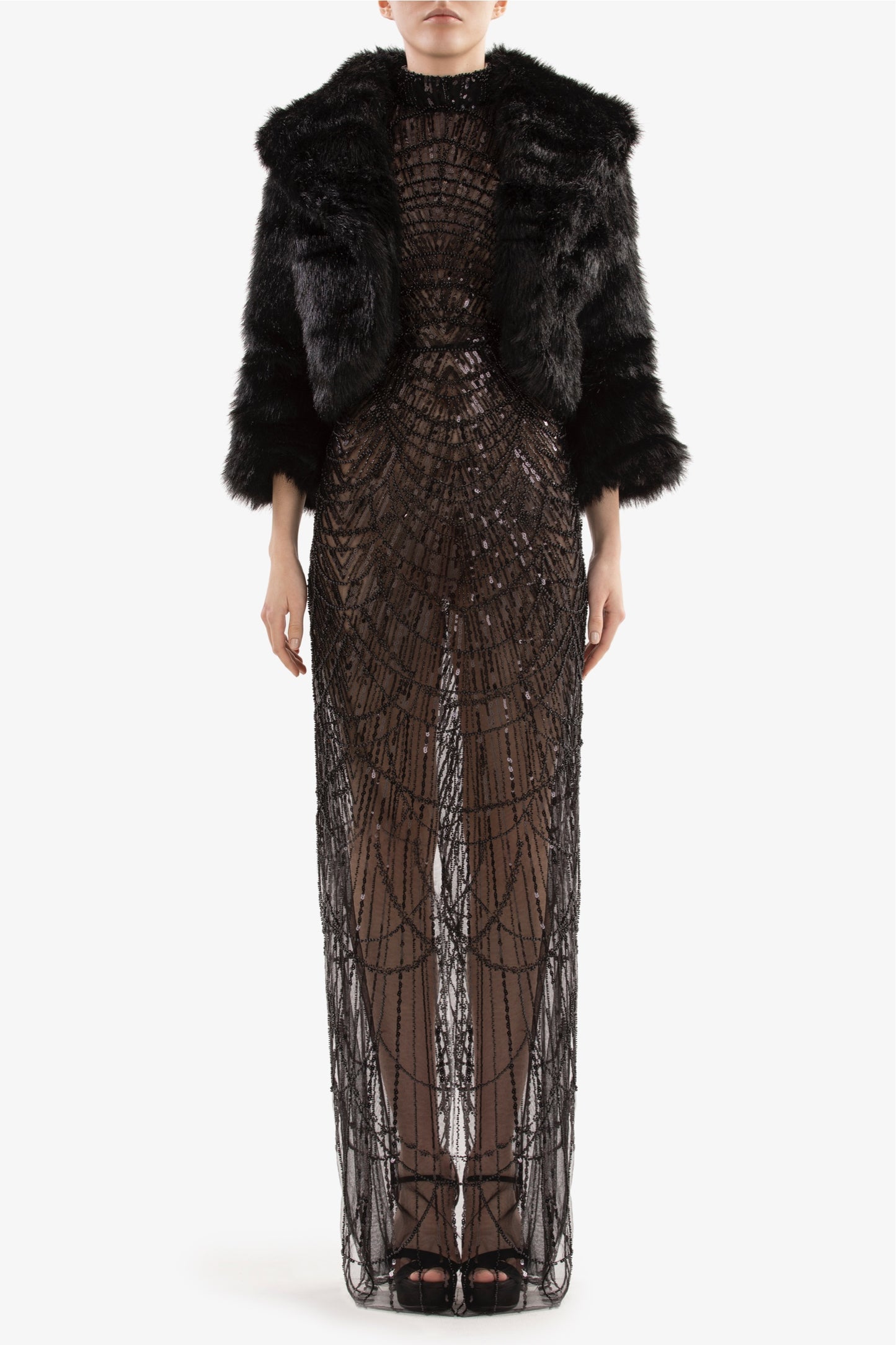 Beaded Gown with Fur Jacket