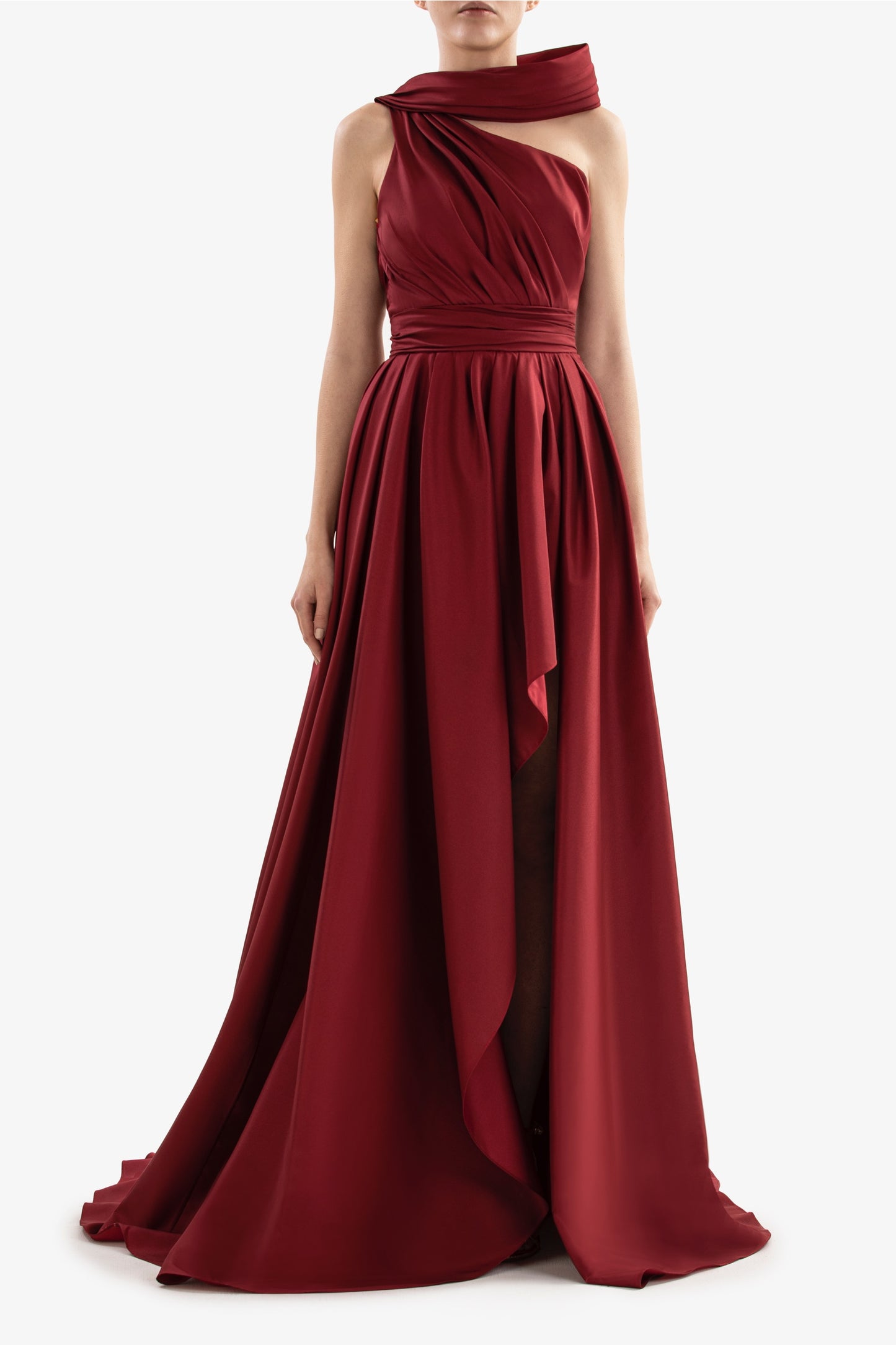One-Shoulder Taffeta Slit Gown