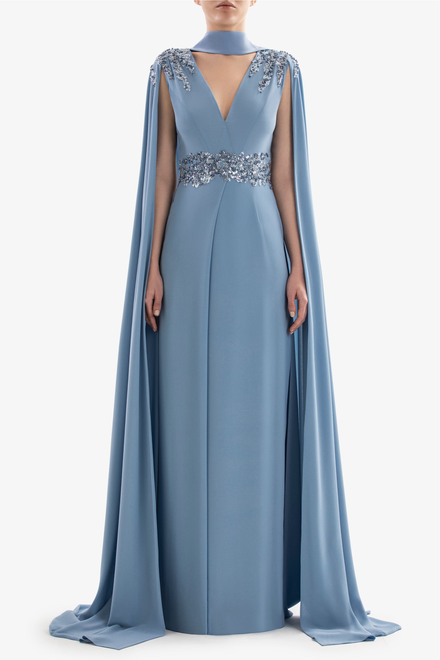 Beaded Crepe Gown with Cape