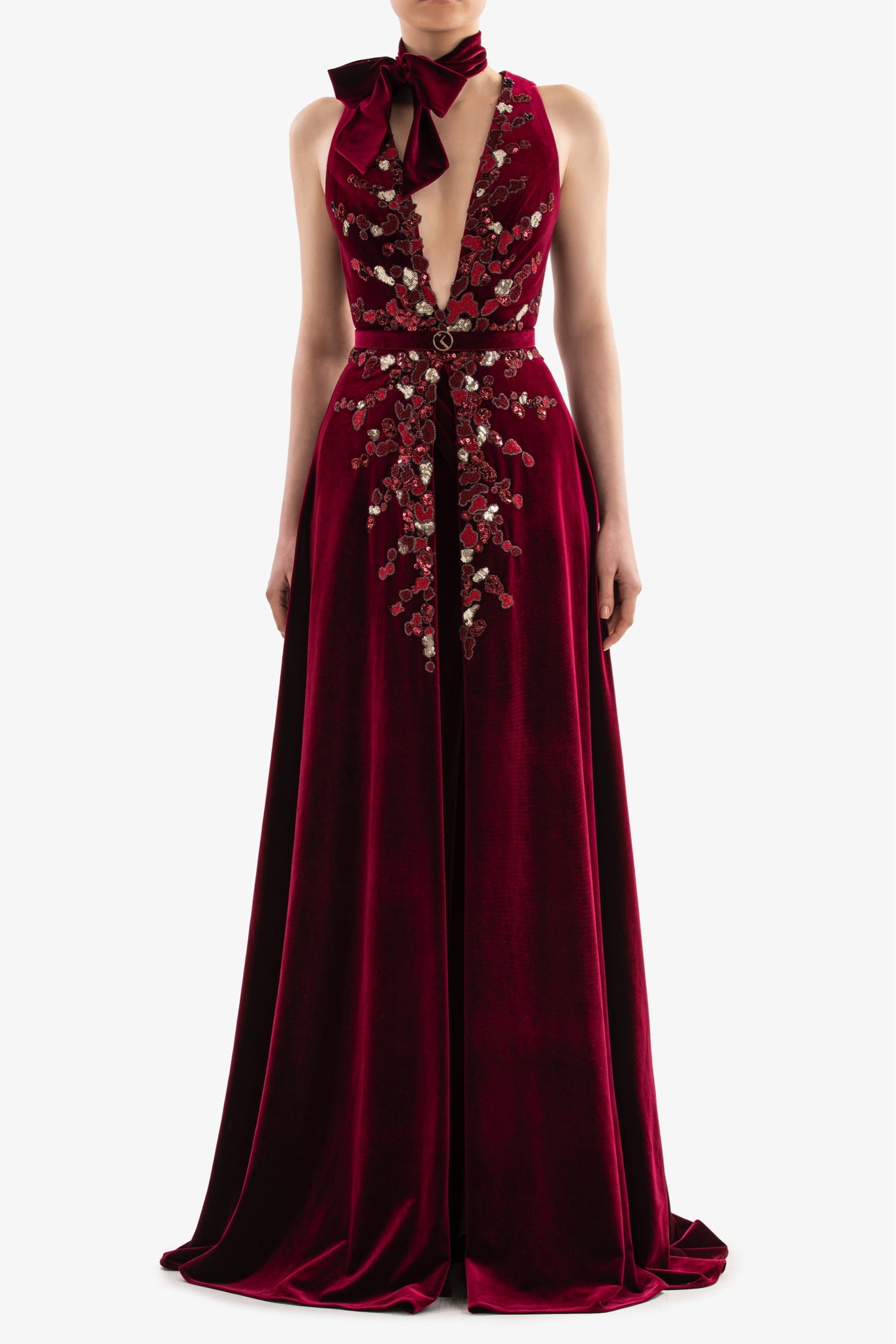 Embroidered A-Line Velvet Gown