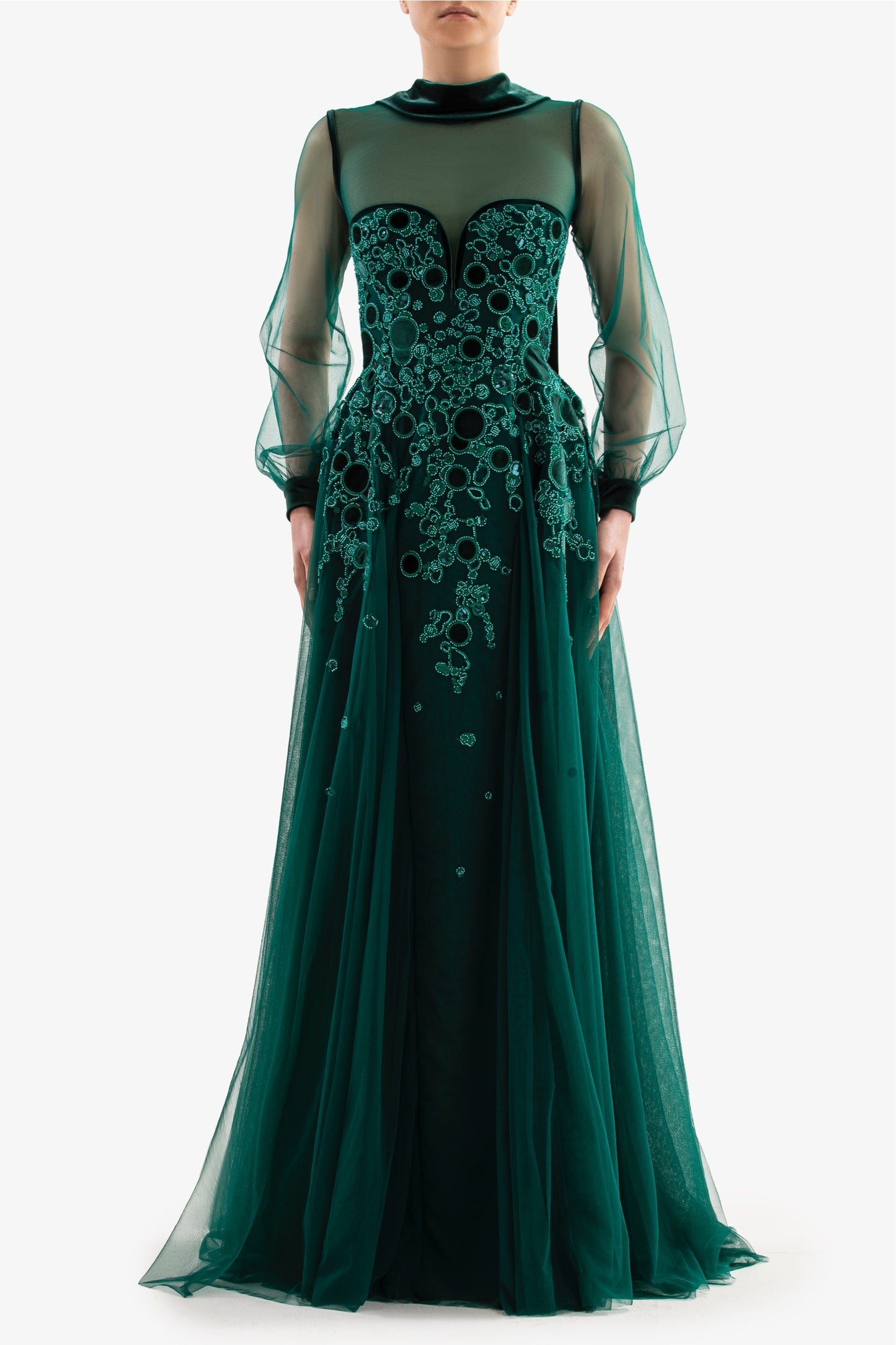 Embroidered Tulle Velvet Gown