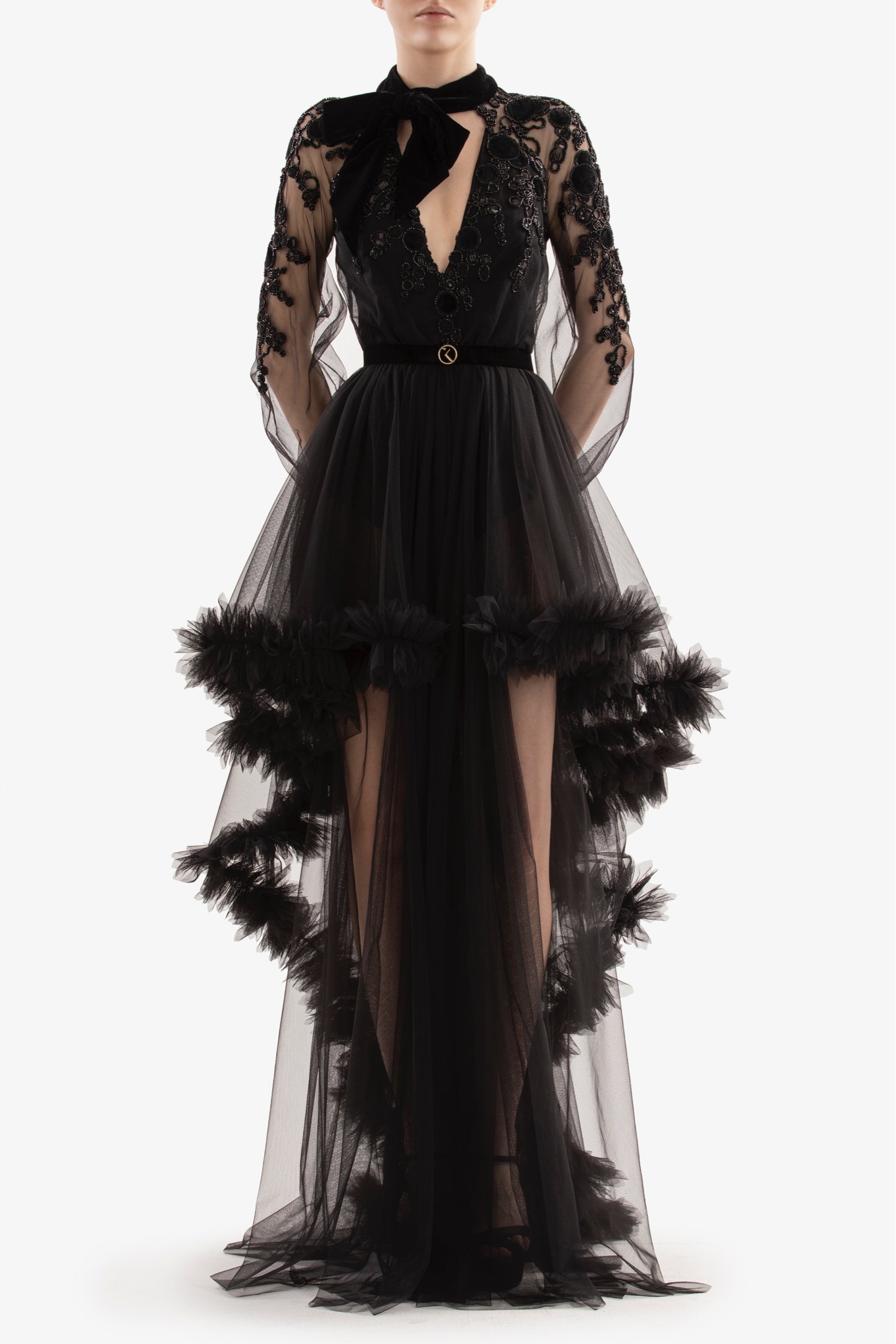 Embroidered Tulle Ruffled Gown