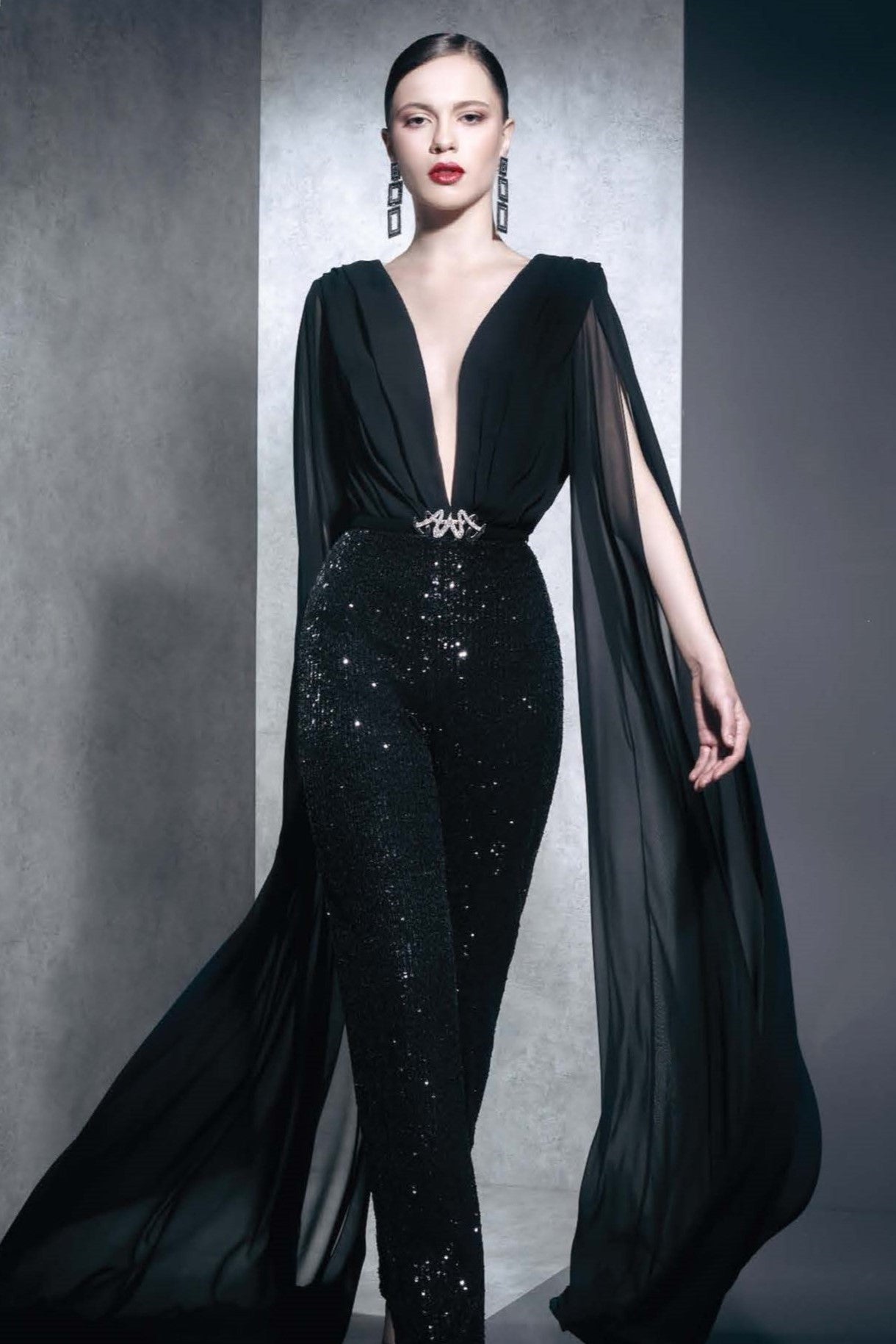 Long Cape Sleeve Gown with Embellished Skirt