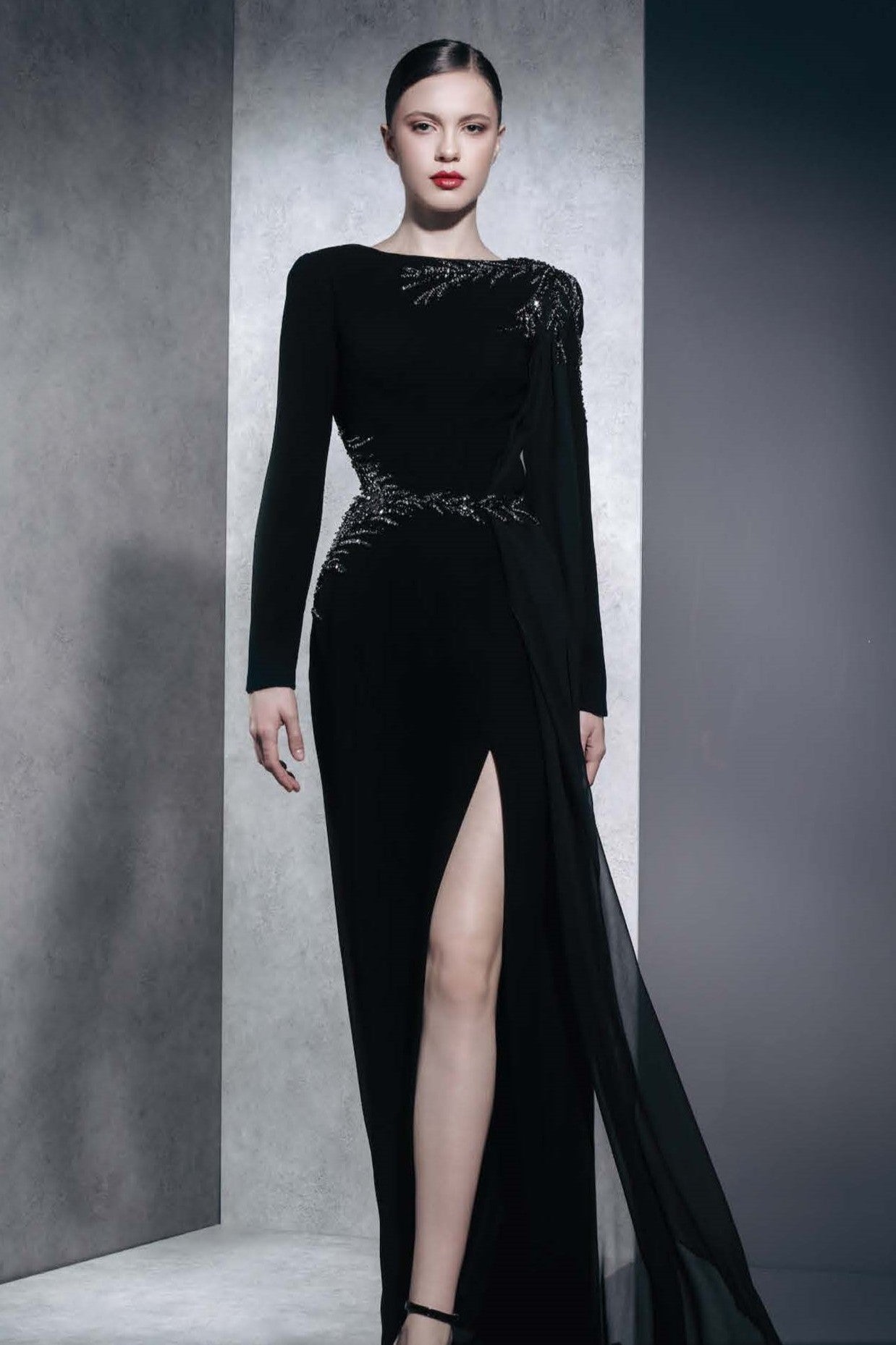 Long Sleeve Gown with Side Drape