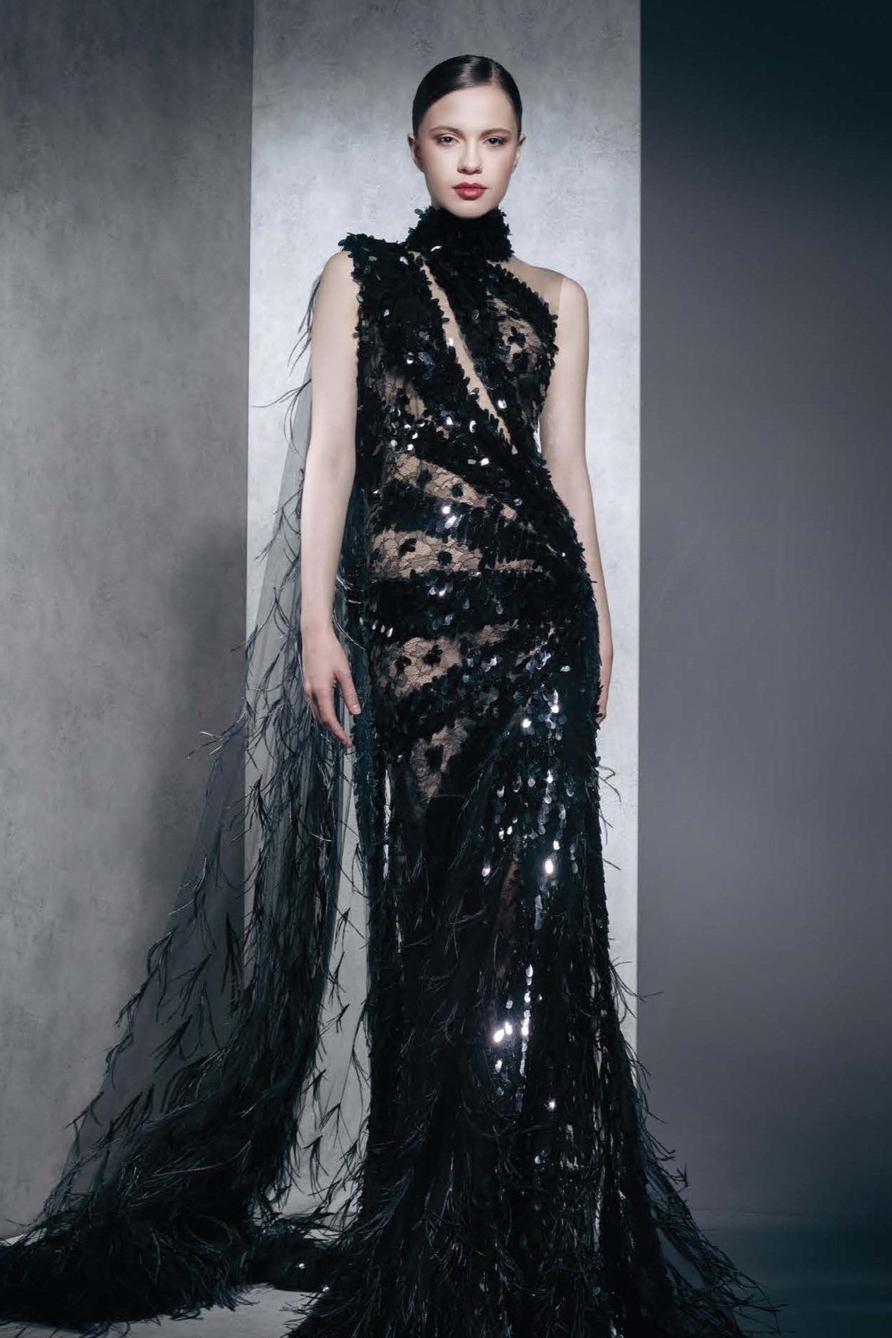 Embellished Sleeveless Gown with Shoulder Drape