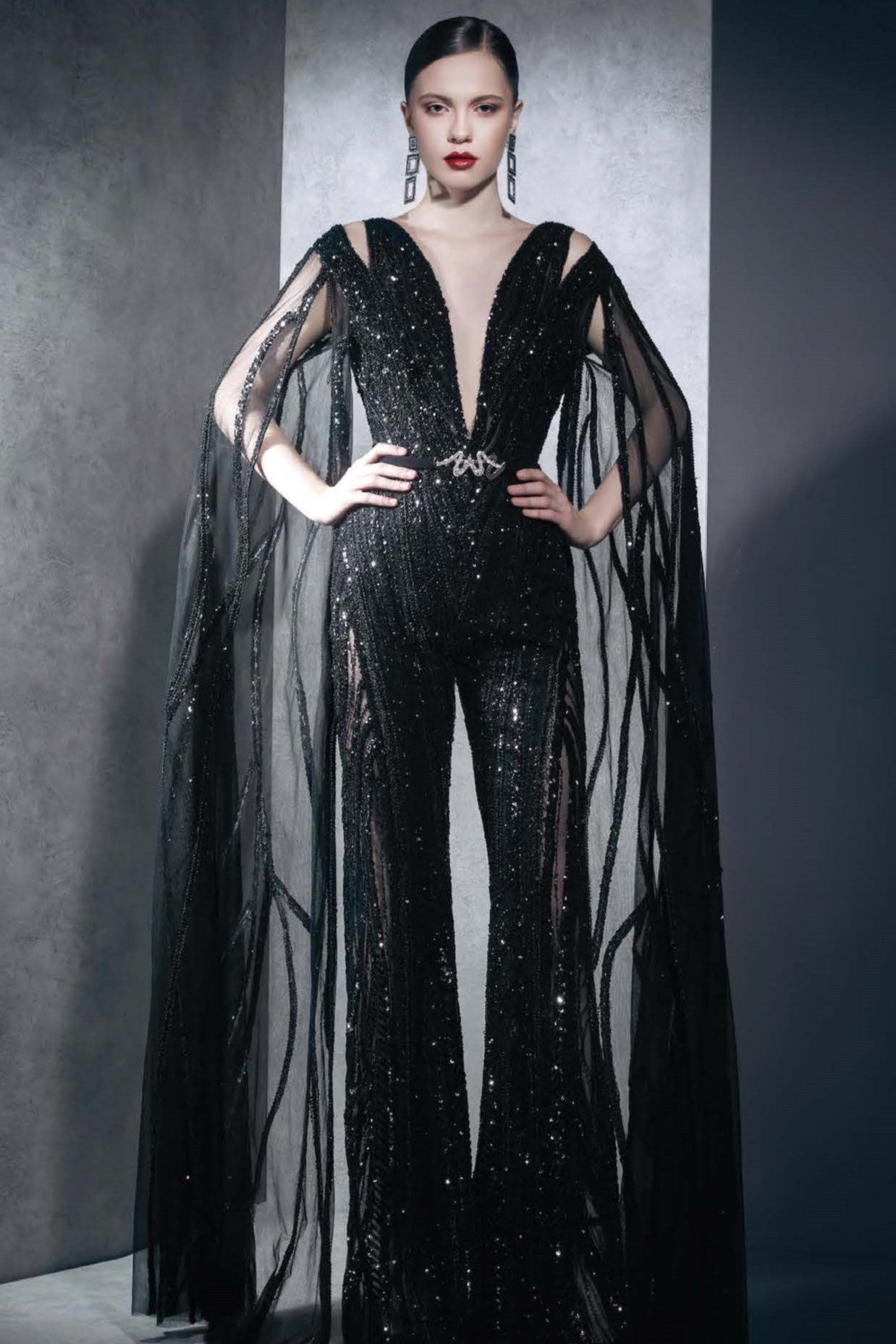 Embellished Jumpsuit with Cape Sleeves