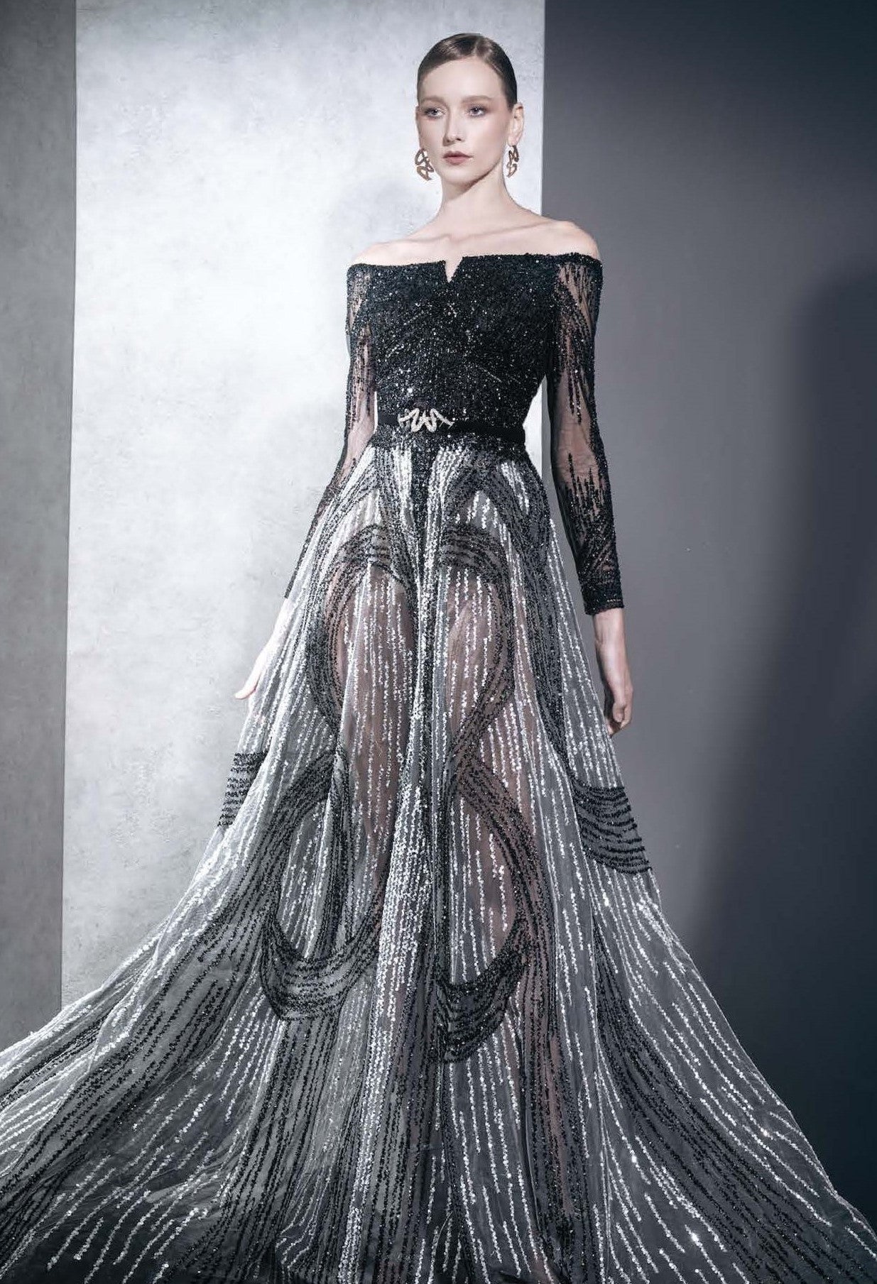 Embellished Long Sleeve Off Shoulder A-Line Gown