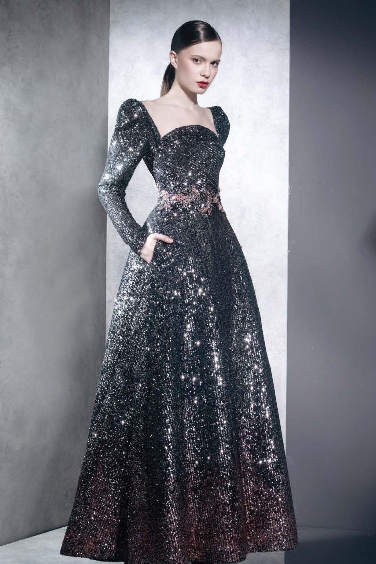 Fully Embellished Long Sleeve A-Line Gown