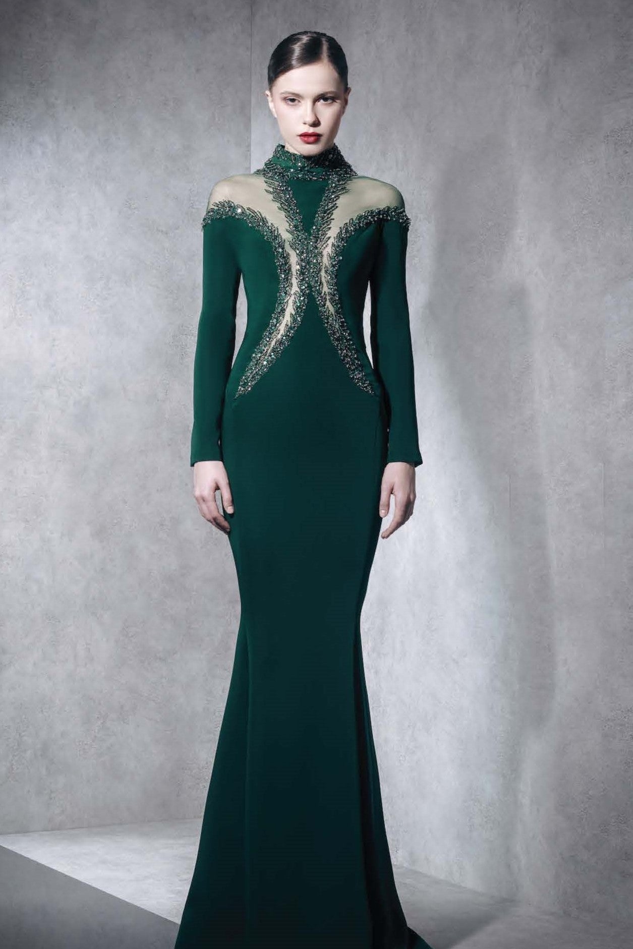 High Neck Long Sleeved Flared Gown