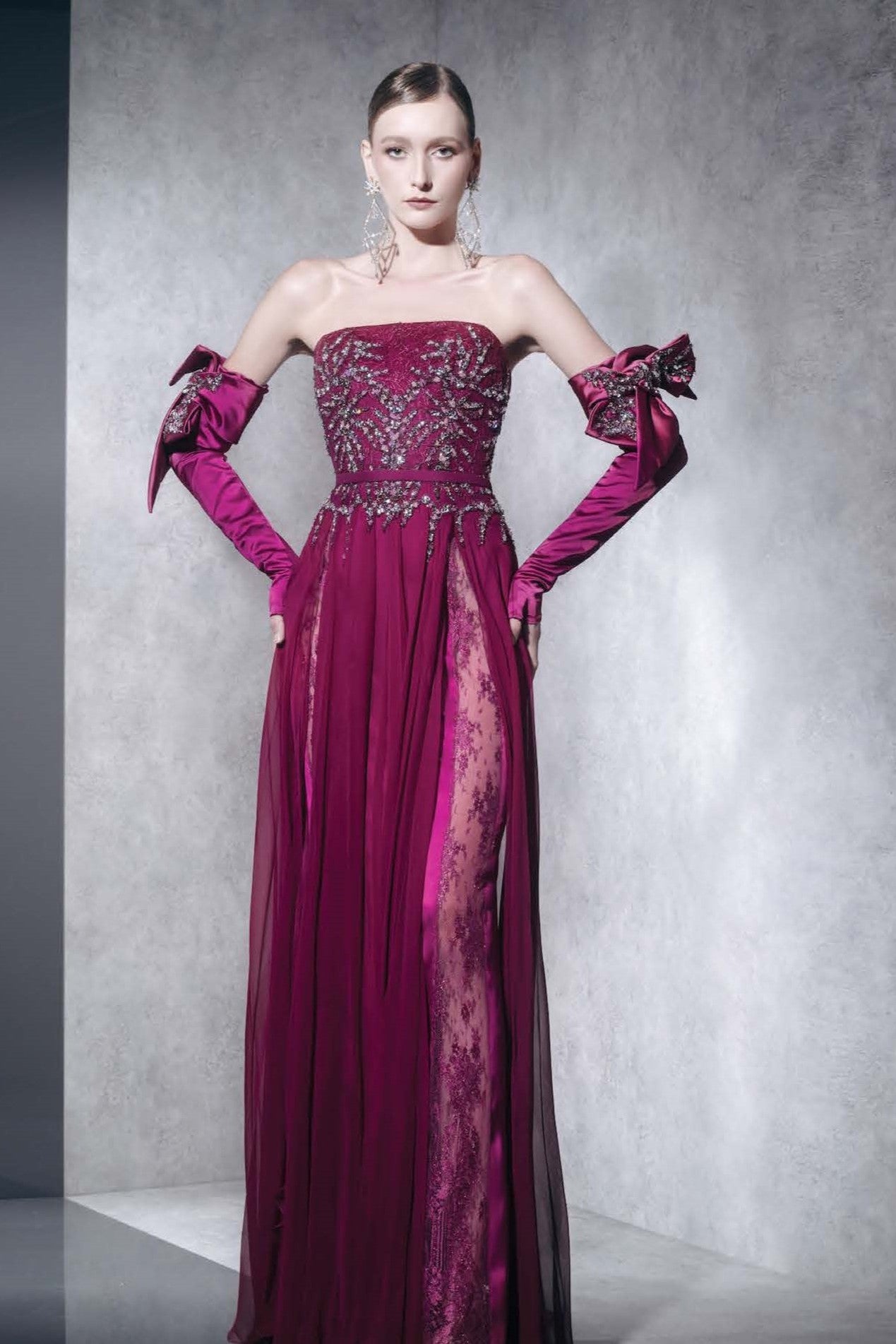 Strapless Embellished Pleated Gown