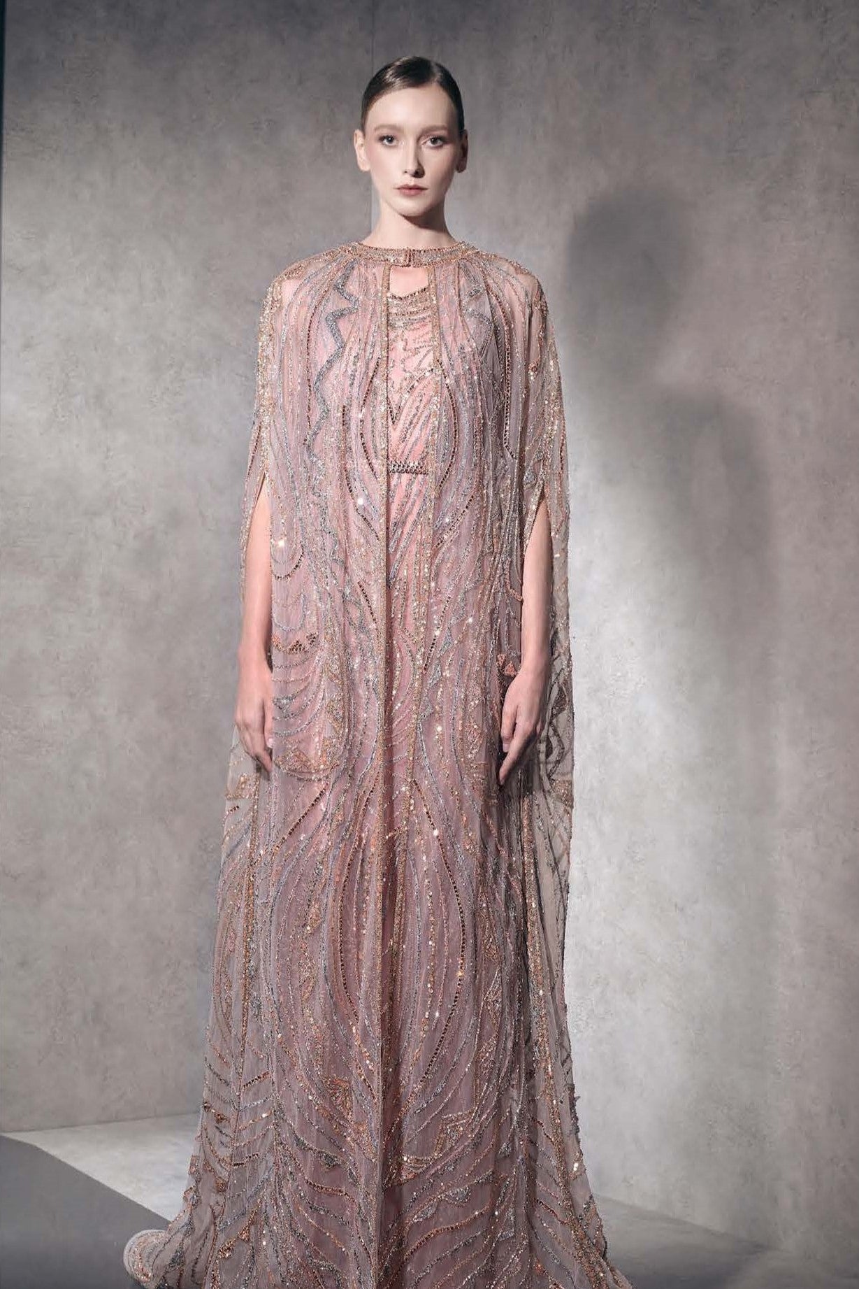 Fully Embellished Gown with Floor-Length Cape