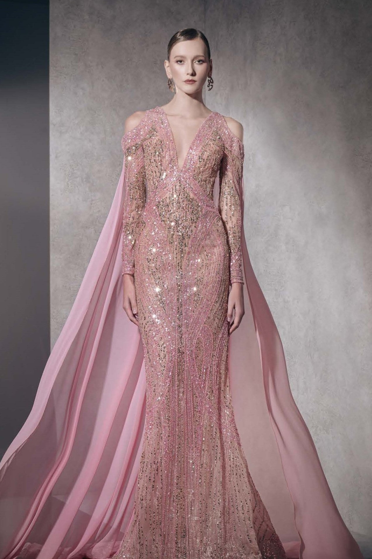 Embellished Flared Long Sleeve Gown