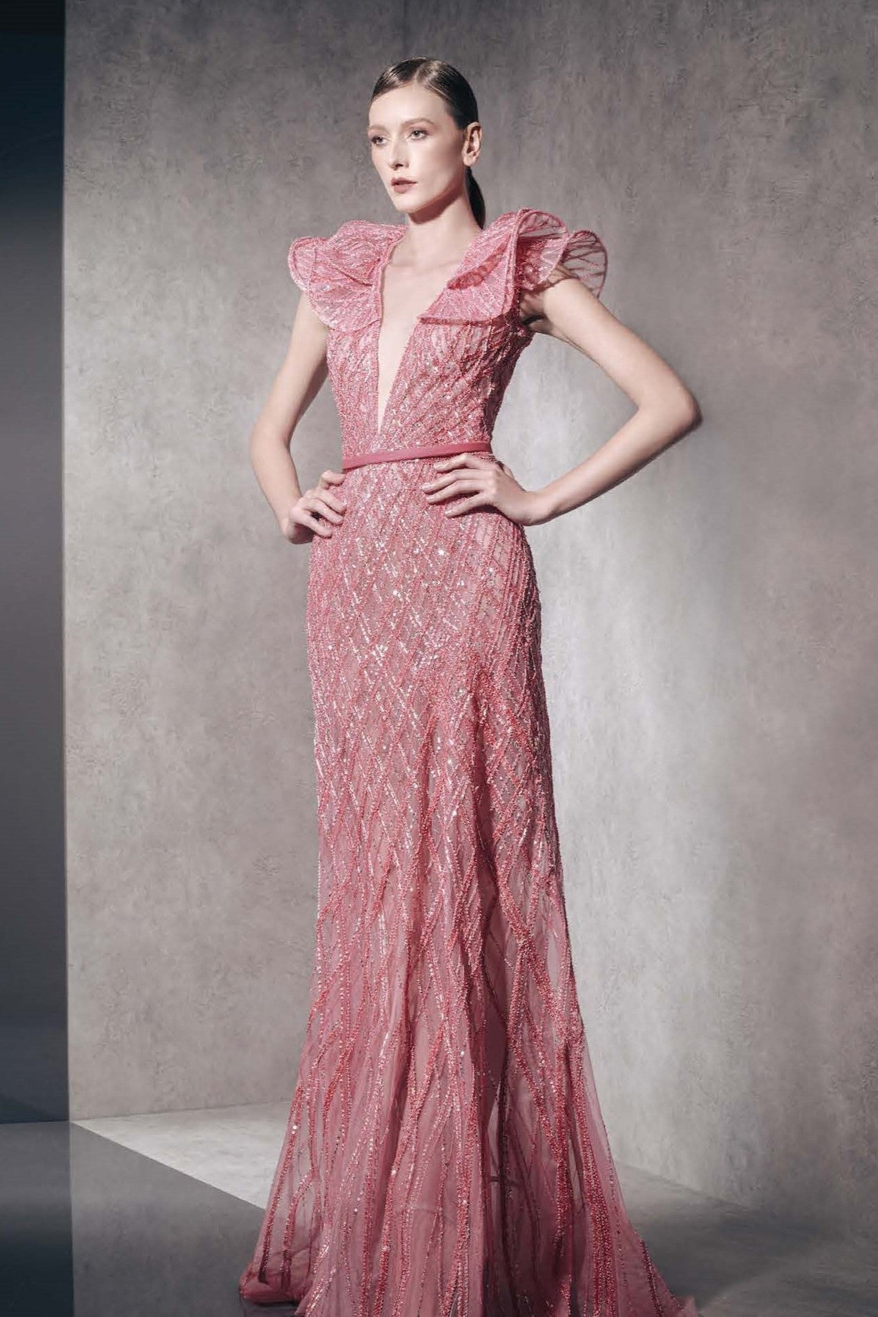 Embellished Ruffled Sleeve Gown with Plunging Neck