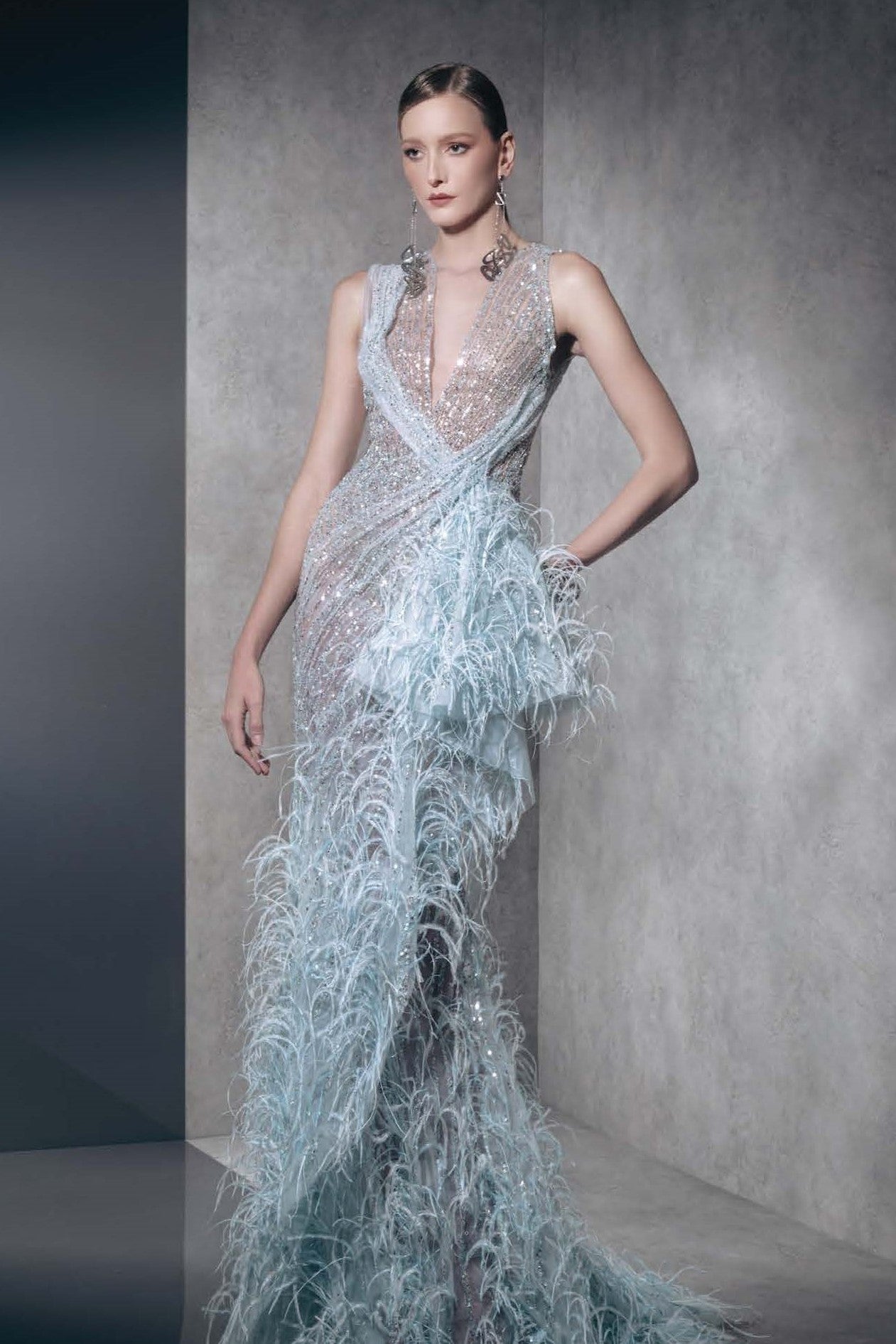 Fully Embellished Feathered Sleeveless Gown