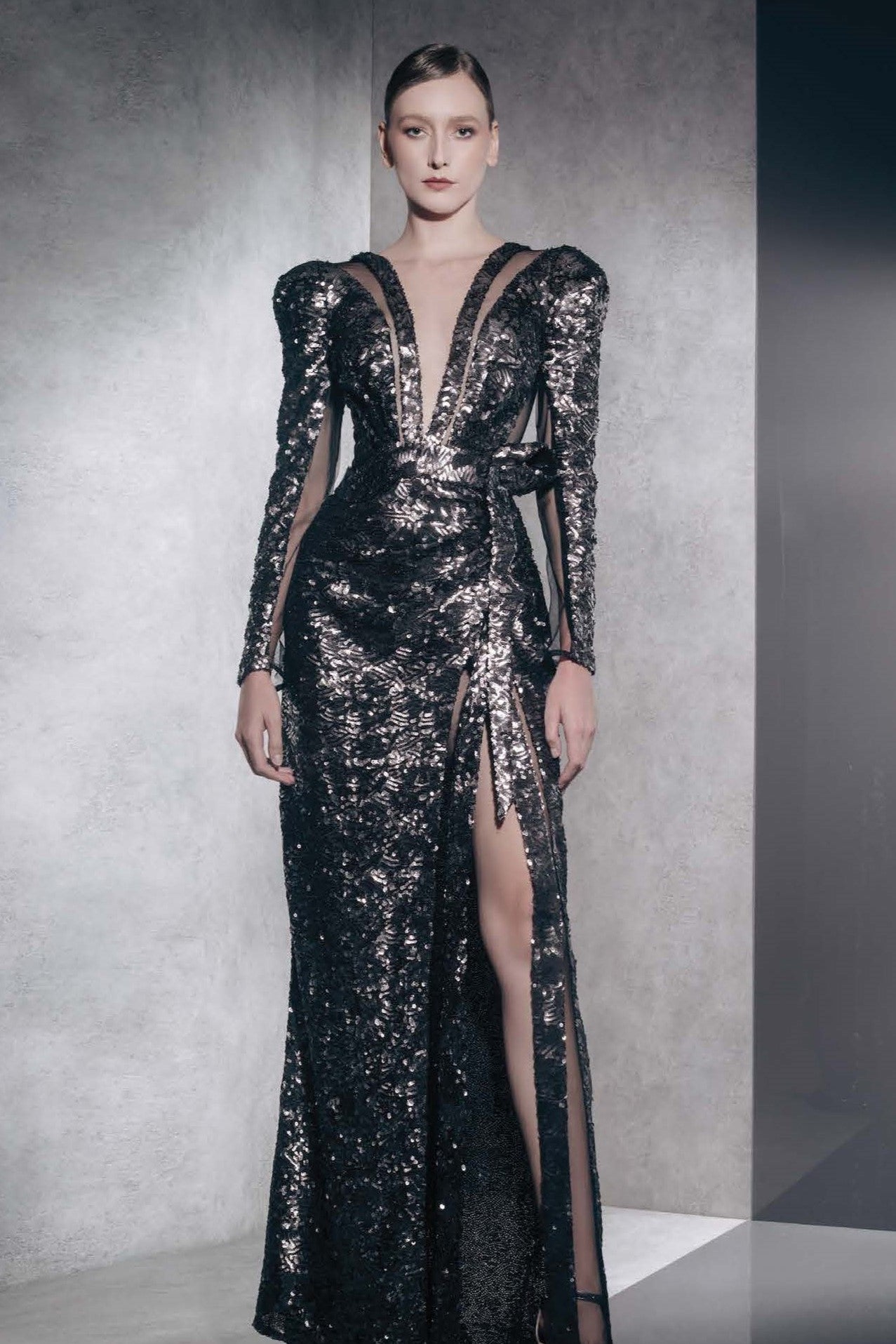 Fully Embellished Cutout Gown with Slit