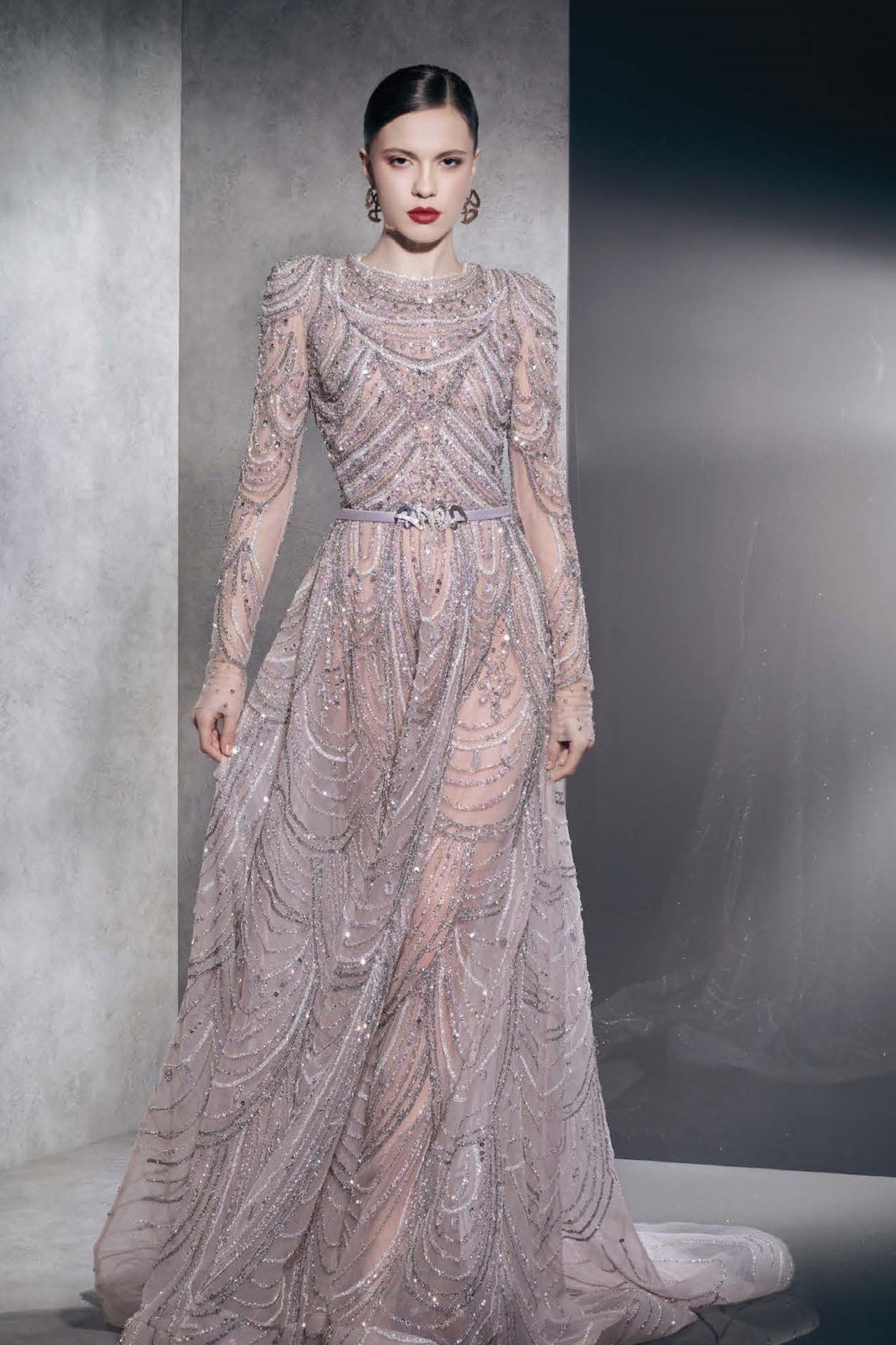 Fully Embellished A-Line Long Sleeve Gown