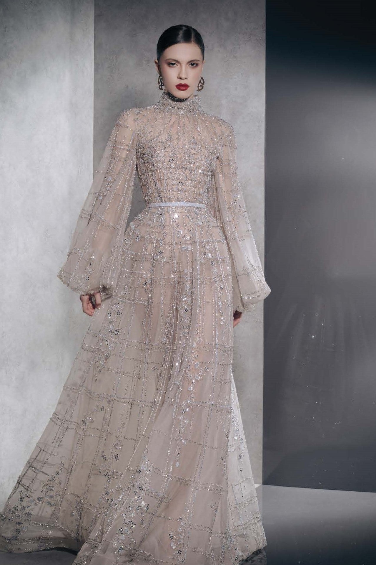 Fully Embellished Puffy Long Sleeve Gown