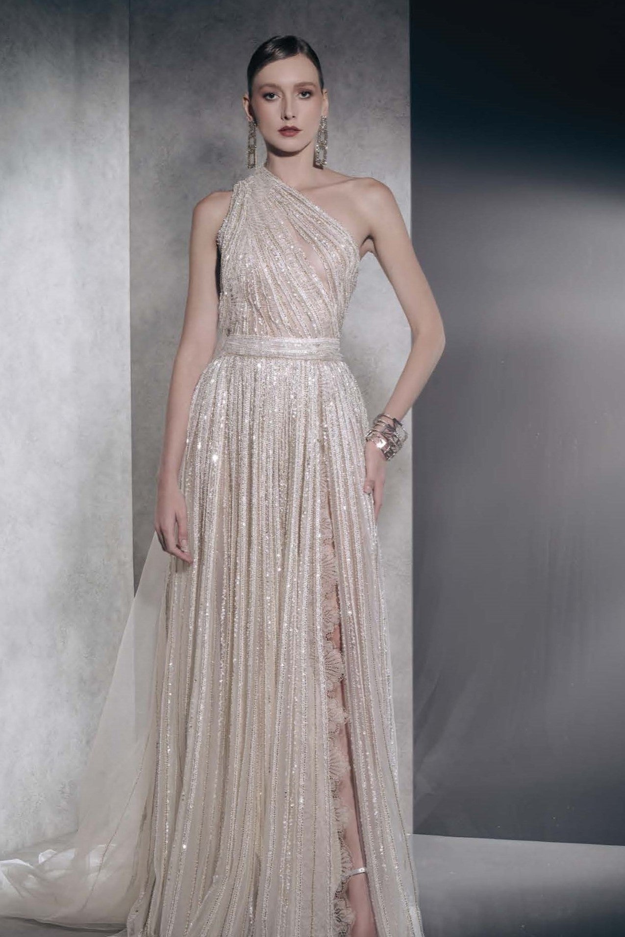 Fully Embellished Pleated One Shoulder Gown