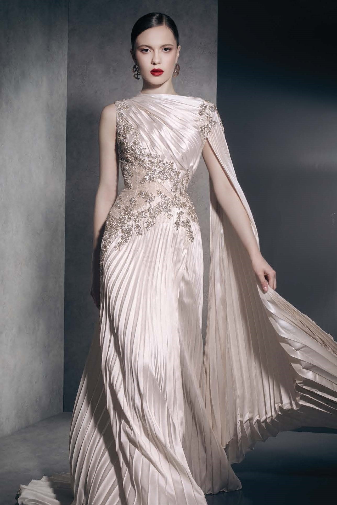 Sweeping Cape Sleeve Pleated Gown