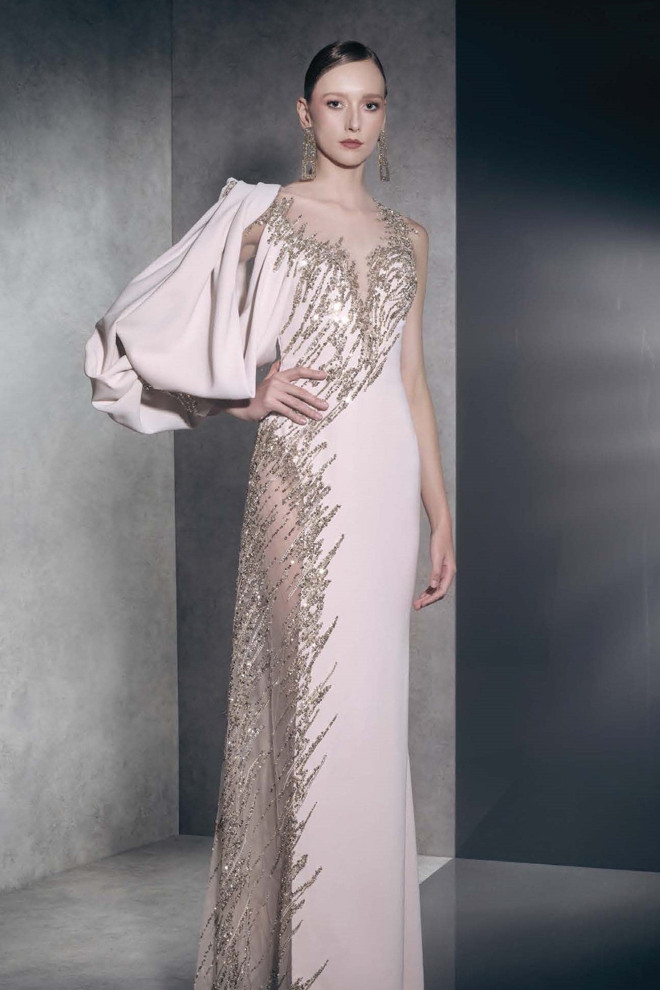 Embellished One Puffy Sleeve Gown