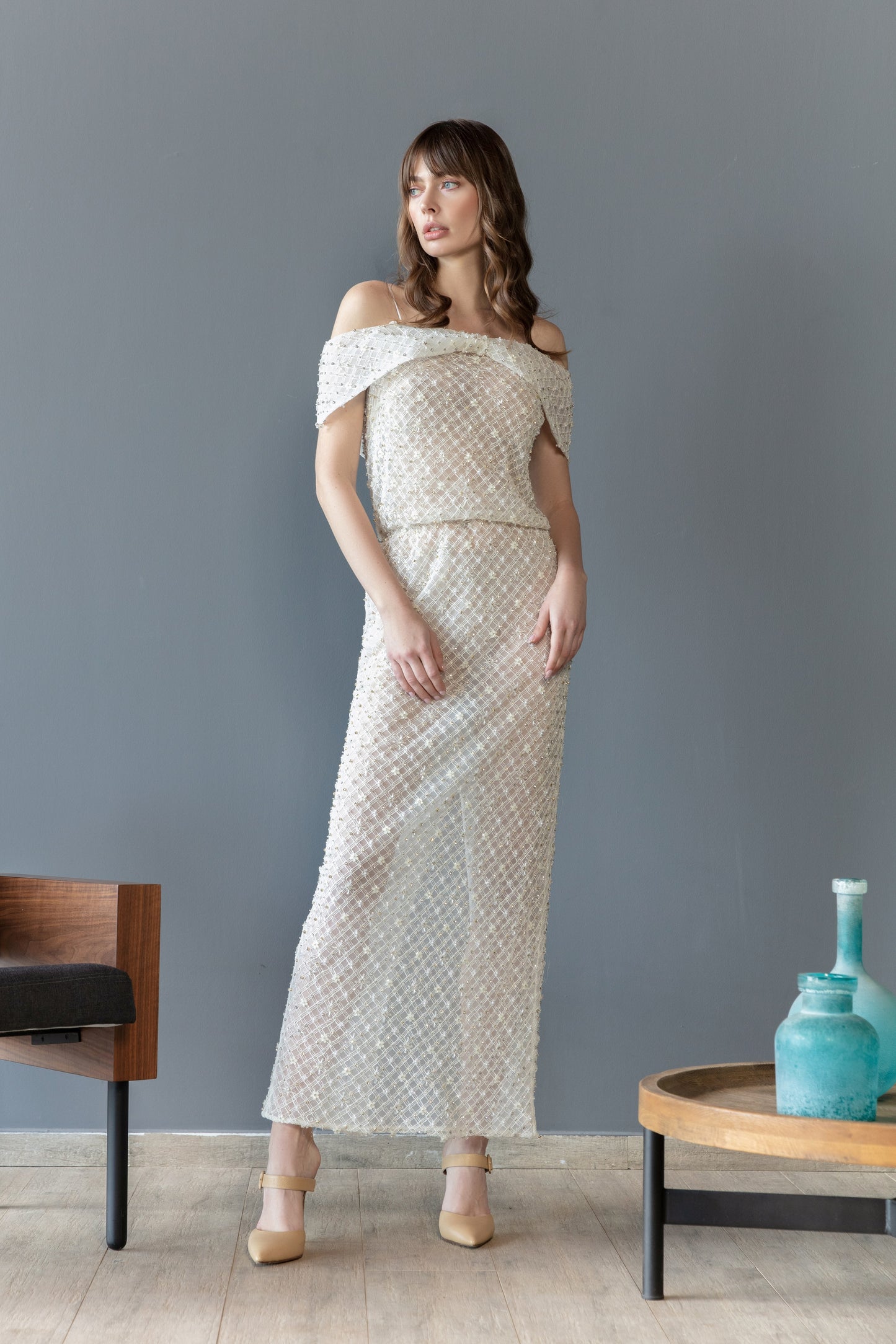 Lace Beaded Dress with Belt