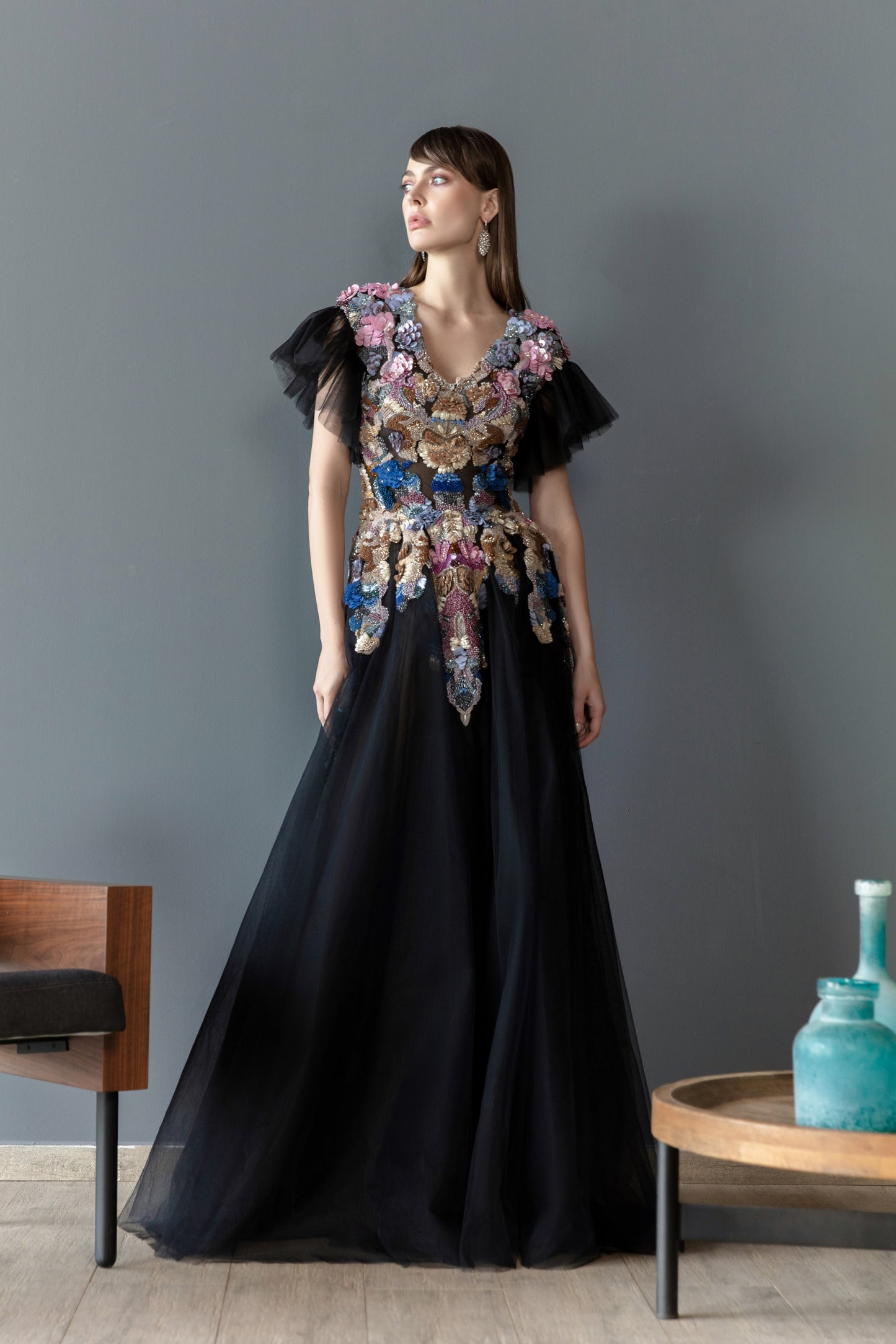 Tulle Gown with Chromatic Beading