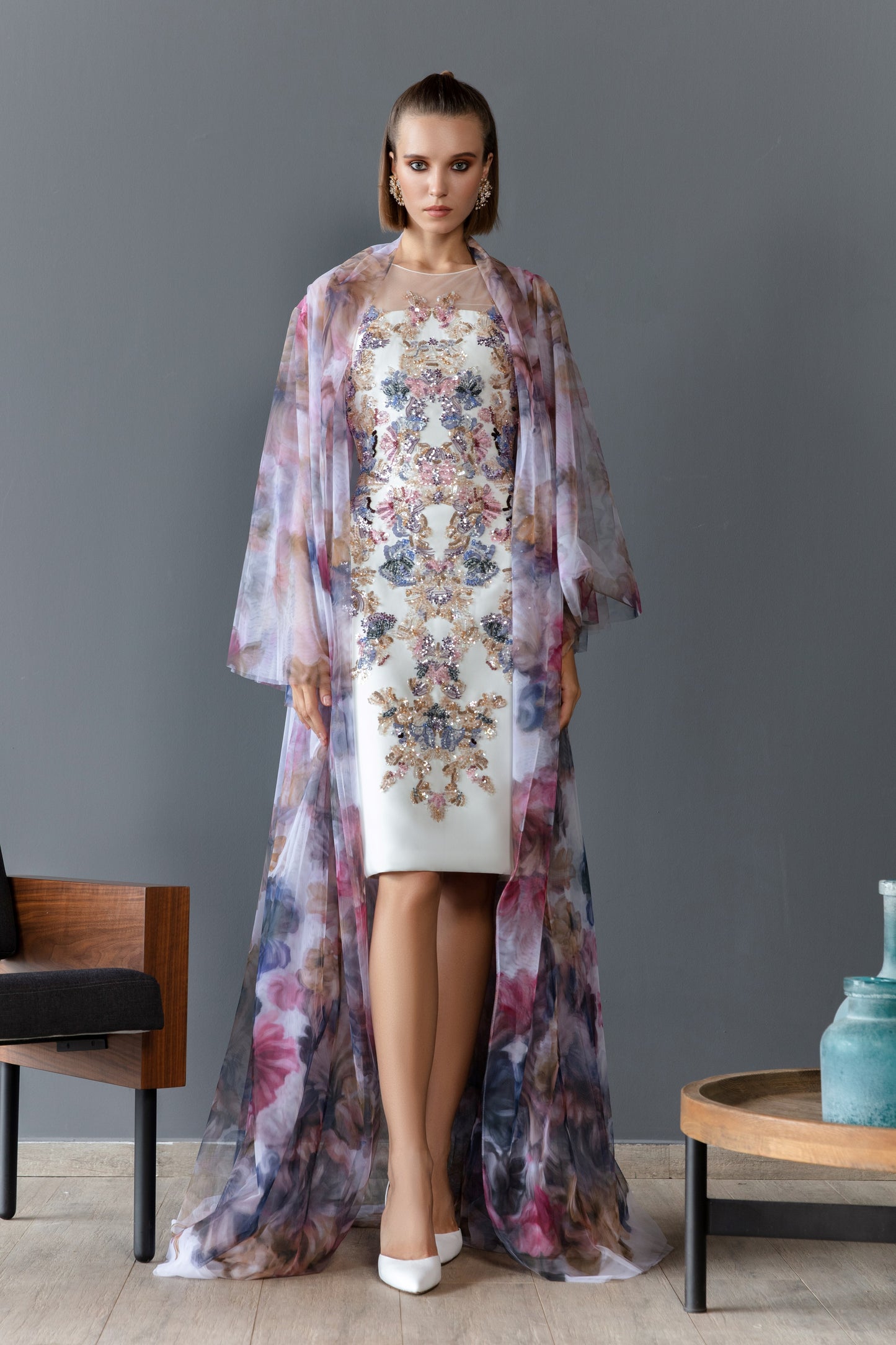 Canton Crepe Dress with Tulle Jacket